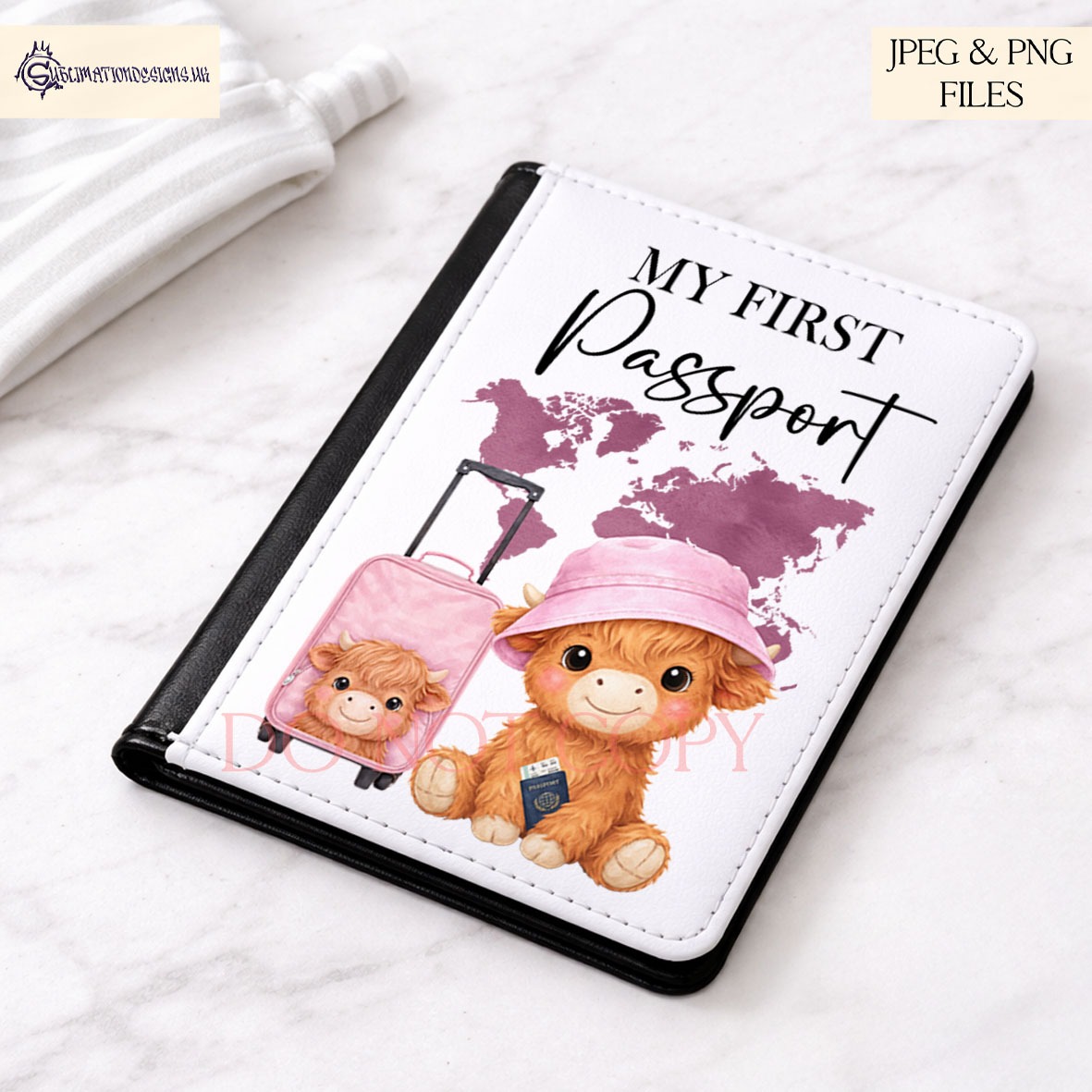 Highland Cow Flyers Set of 12 preview showing a baby Highland cow holding a passport with a bucket hat and suitcase against a world map, in four colour themes with textless and first travel wording options