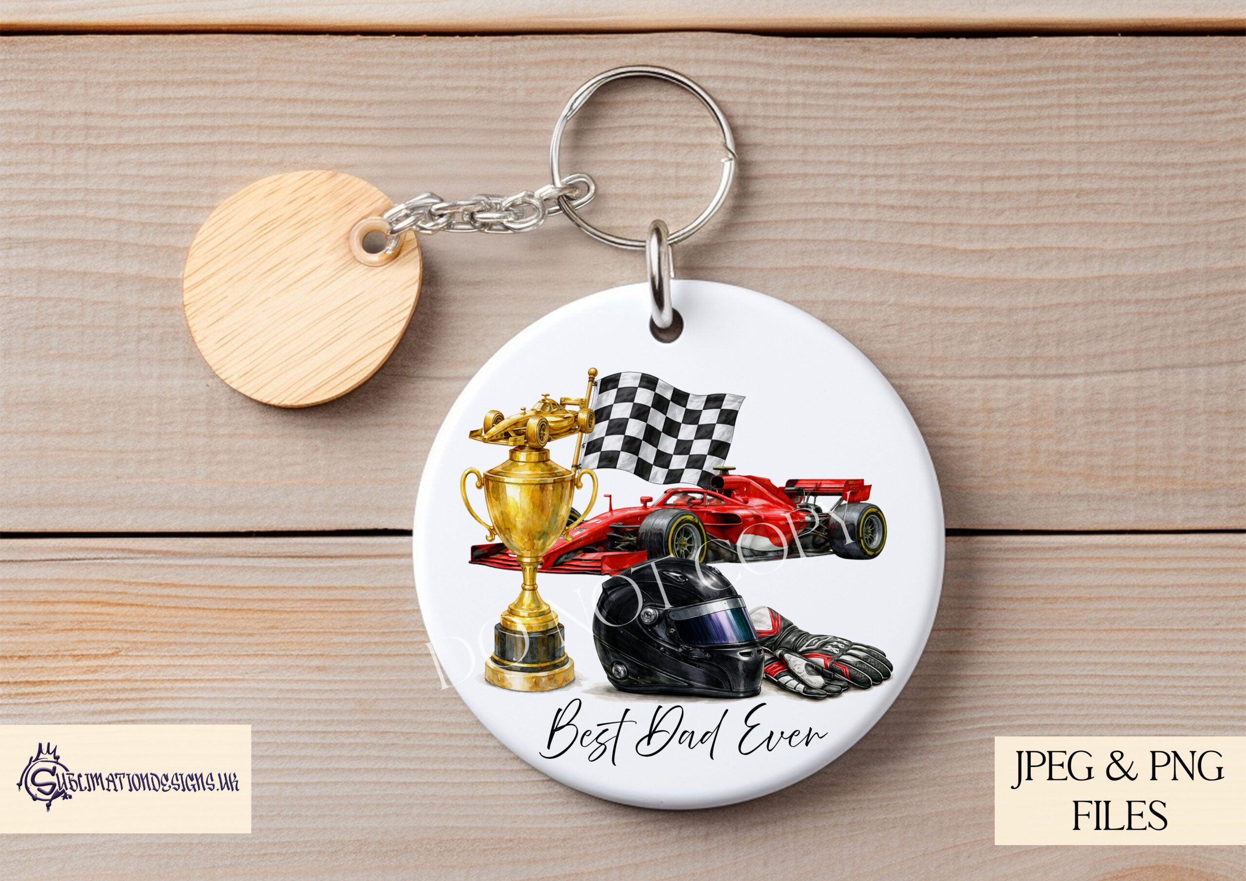 F1 Champion Designs Set of 5 preview showing F1 style cars with a trophy, helmet, gloves and finishing flag in five inspired colour themes, textless JPEG and PNG designs