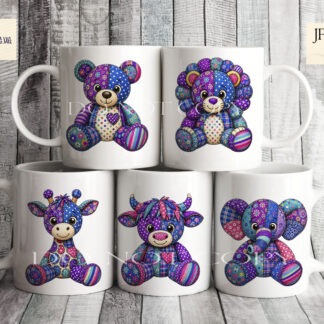 Purple Patchwork Animal Teddies Set of 5 preview showing purple patchwork Highland cow, teddy bear, elephant, lion and giraffe designs with bonus background elements, supplied in JPEG and PNG