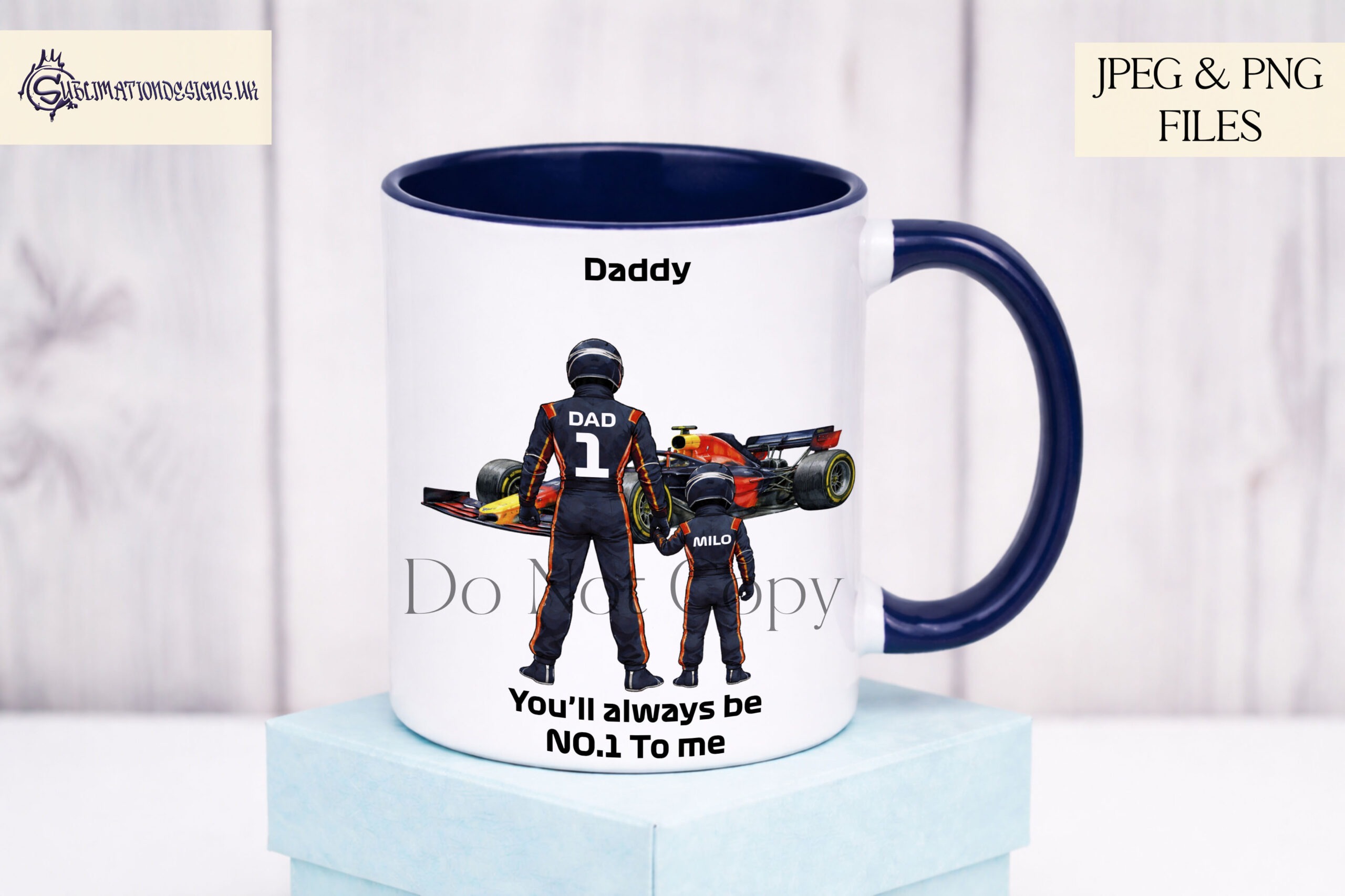 Team Blue Racing Family Clip Art Set preview showing a finish line background with a Red Bull inspired car and family clip art members in navy blue race uniforms for building custom racing family designs