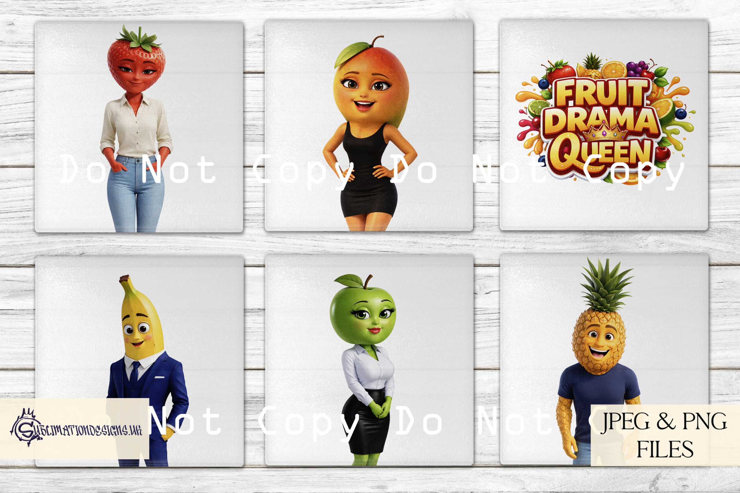 Fruit Drama Comedy Designs Set preview showing fruit character designs with wording files and mug wraps including Addicted To Fruit Drama, supplied in JPEG and PNG