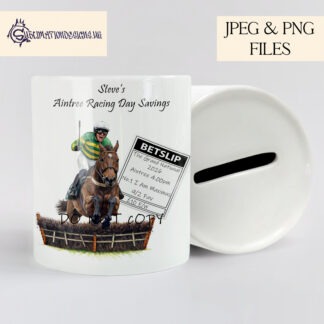 Grand National 2026 Winner Design preview showing a horse and jockey jumping a hurdle with an I Am Maximus wording option and a betting slip option, supplied in JPEG and PNG