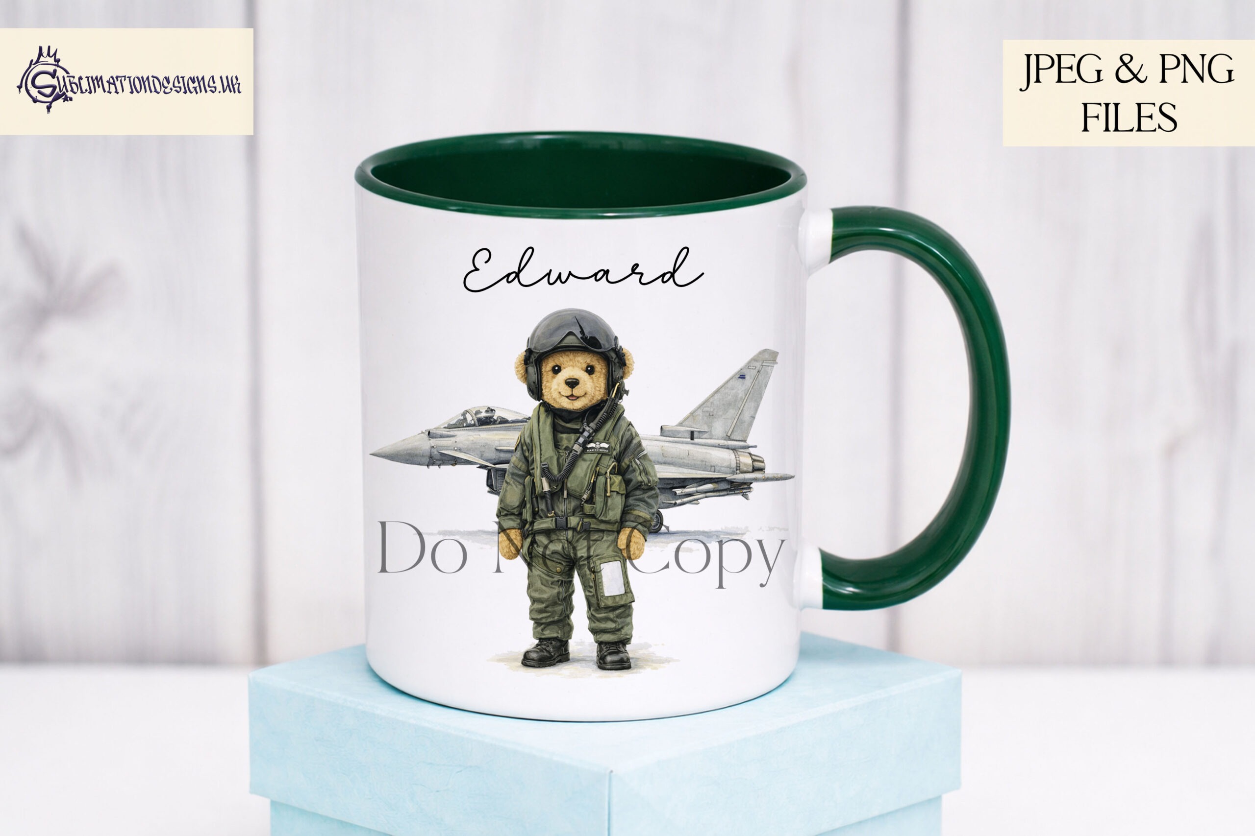 Ace The Airforce Bear Set of 6 preview showing an airforce teddy bear with and without a UK flag badge and air vehicle background options, supplied in JPEG and PNG