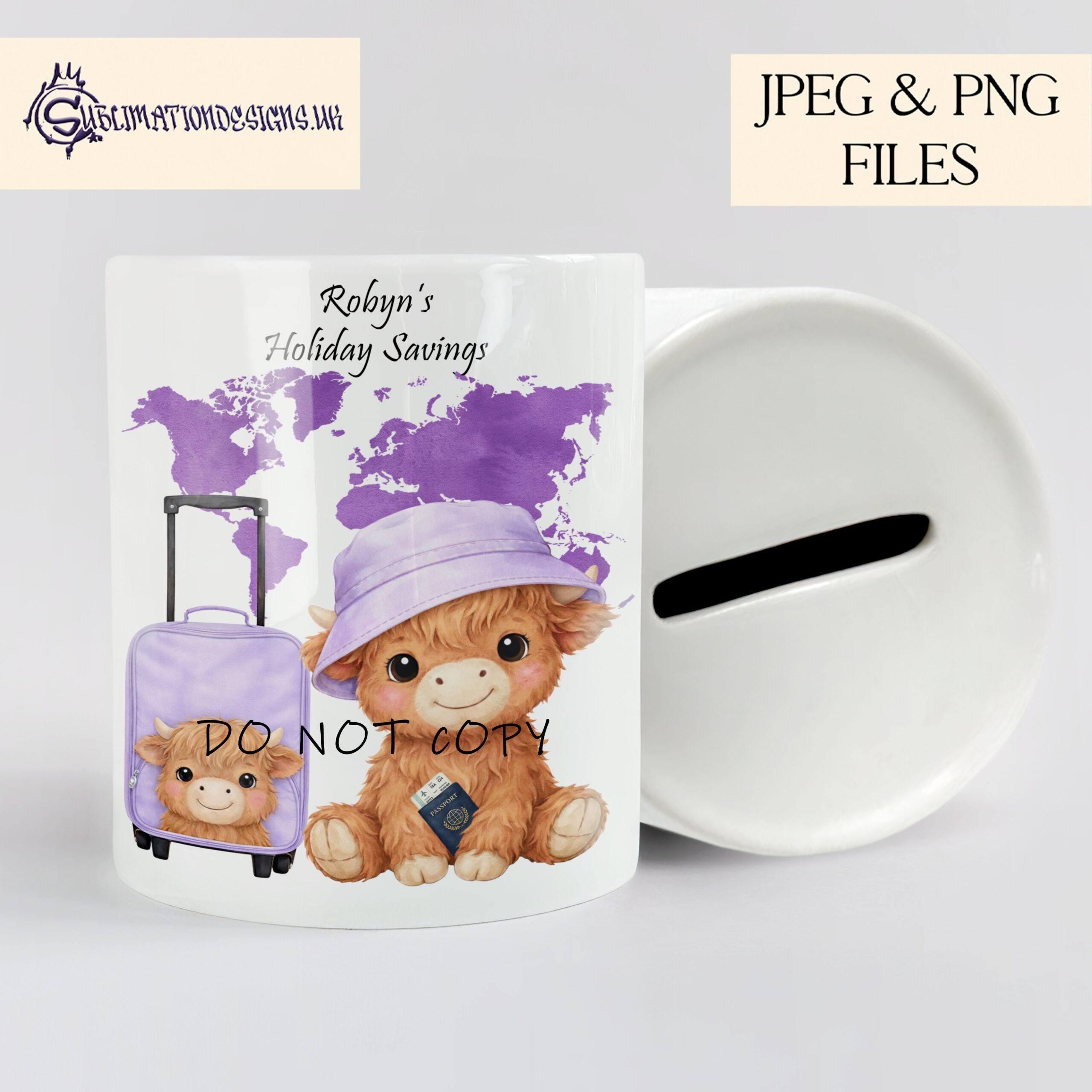 Highland Cow Flyers Set of 12 preview showing a baby Highland cow holding a passport with a bucket hat and suitcase against a world map, in four colour themes with textless and first travel wording options