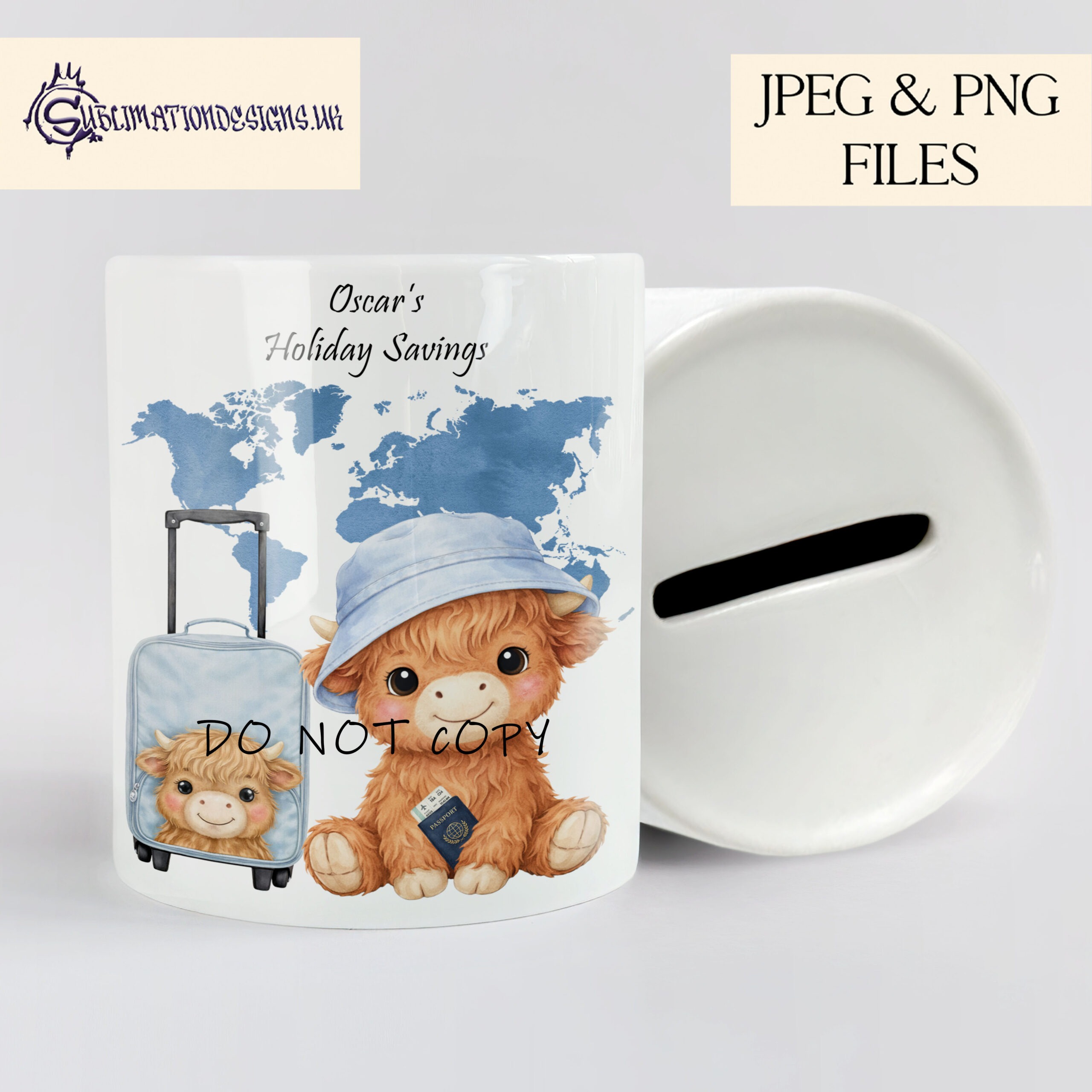 Highland Cow Flyers Set of 12 preview showing a baby Highland cow holding a passport with a bucket hat and suitcase against a world map, in four colour themes with textless and first travel wording options