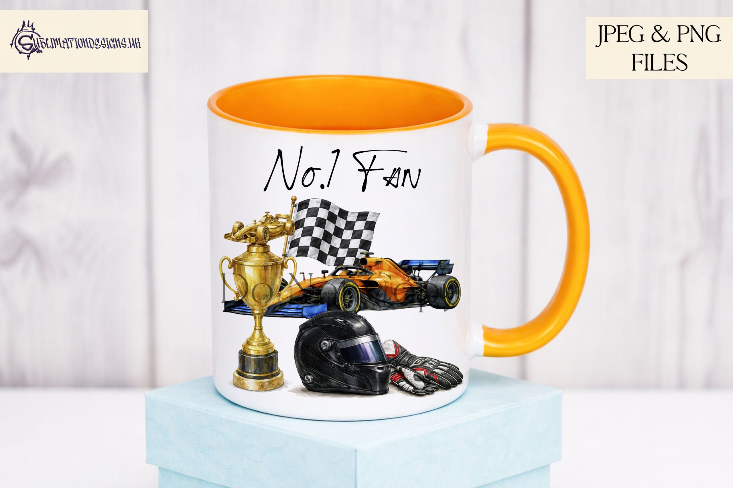 F1 Champion Designs Set of 5 preview showing F1 style cars with a trophy, helmet, gloves and finishing flag in five inspired colour themes, textless JPEG and PNG designs