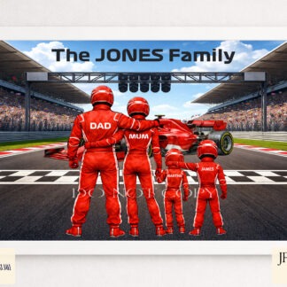 Team Red Racing Family Clip Art Set preview showing a finish line background with an F1 inspired car, red superbike, and family clip art members for building custom racing family designs