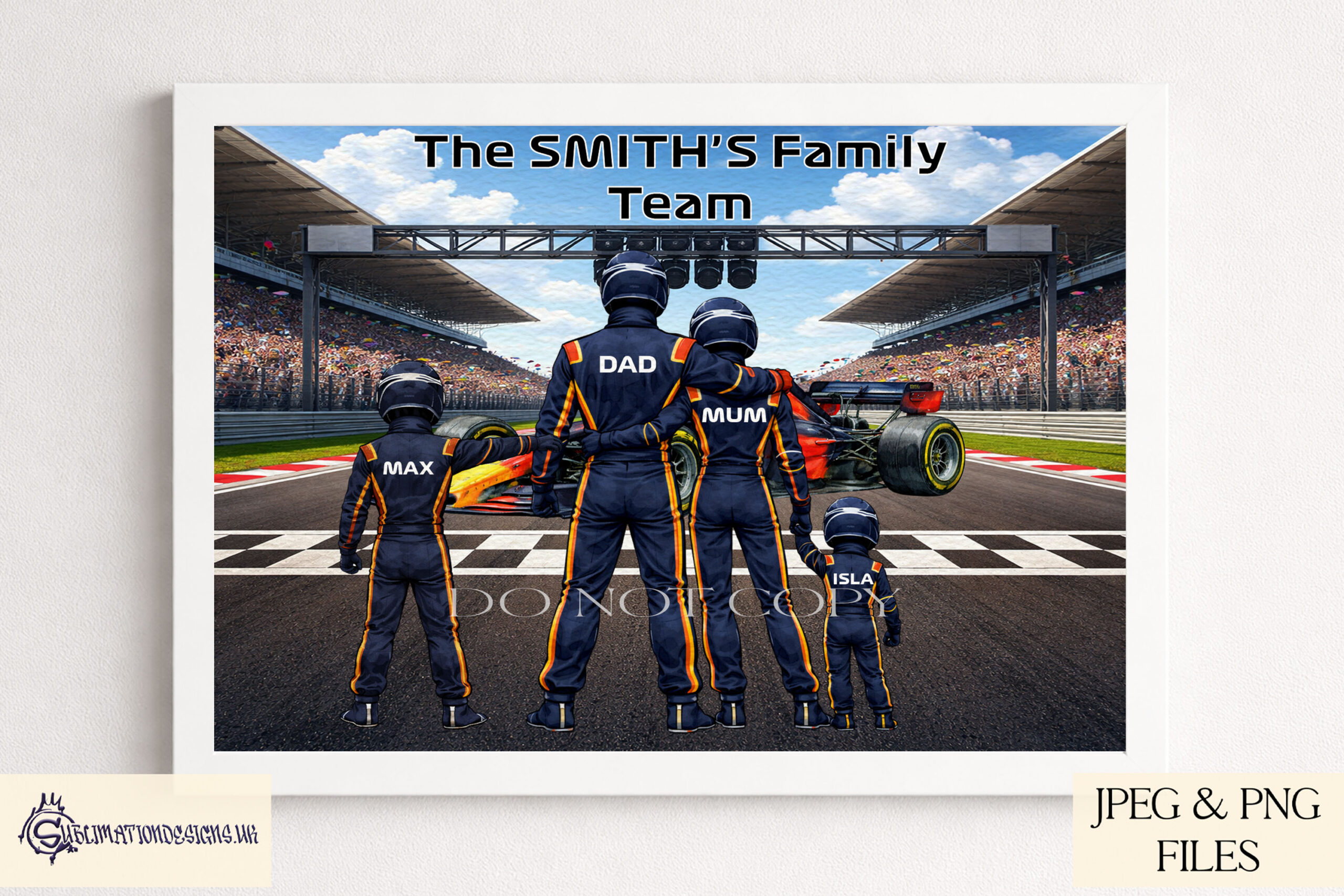Team Blue Racing Family Clip Art Set preview showing a finish line background with a Red Bull inspired car and family clip art members in navy blue race uniforms for building custom racing family designs