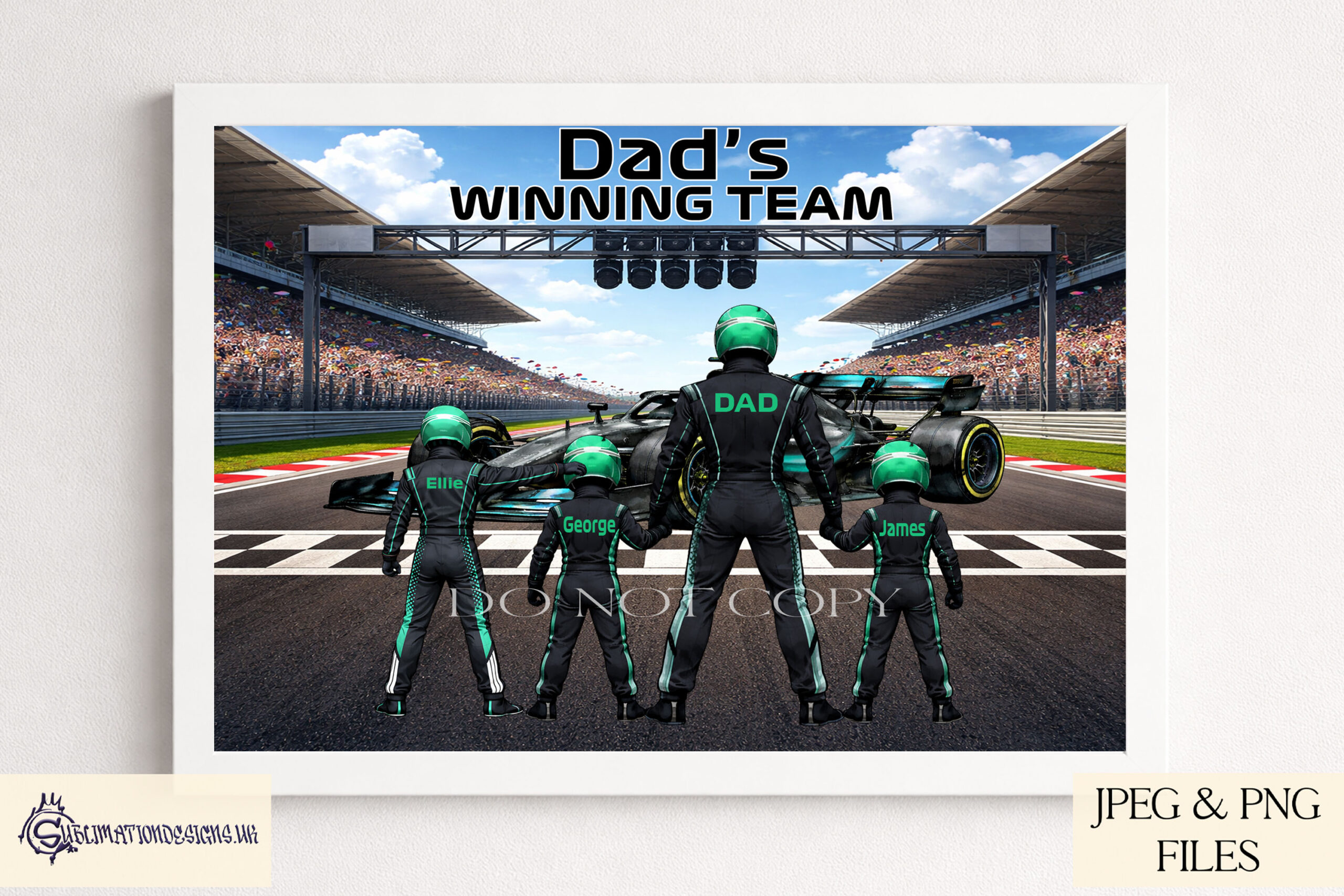 Team Black Racing Family Clip Art Set preview showing a finish line background with an F1 style car and family clip art members in black uniforms with green trim for building custom racing family designs