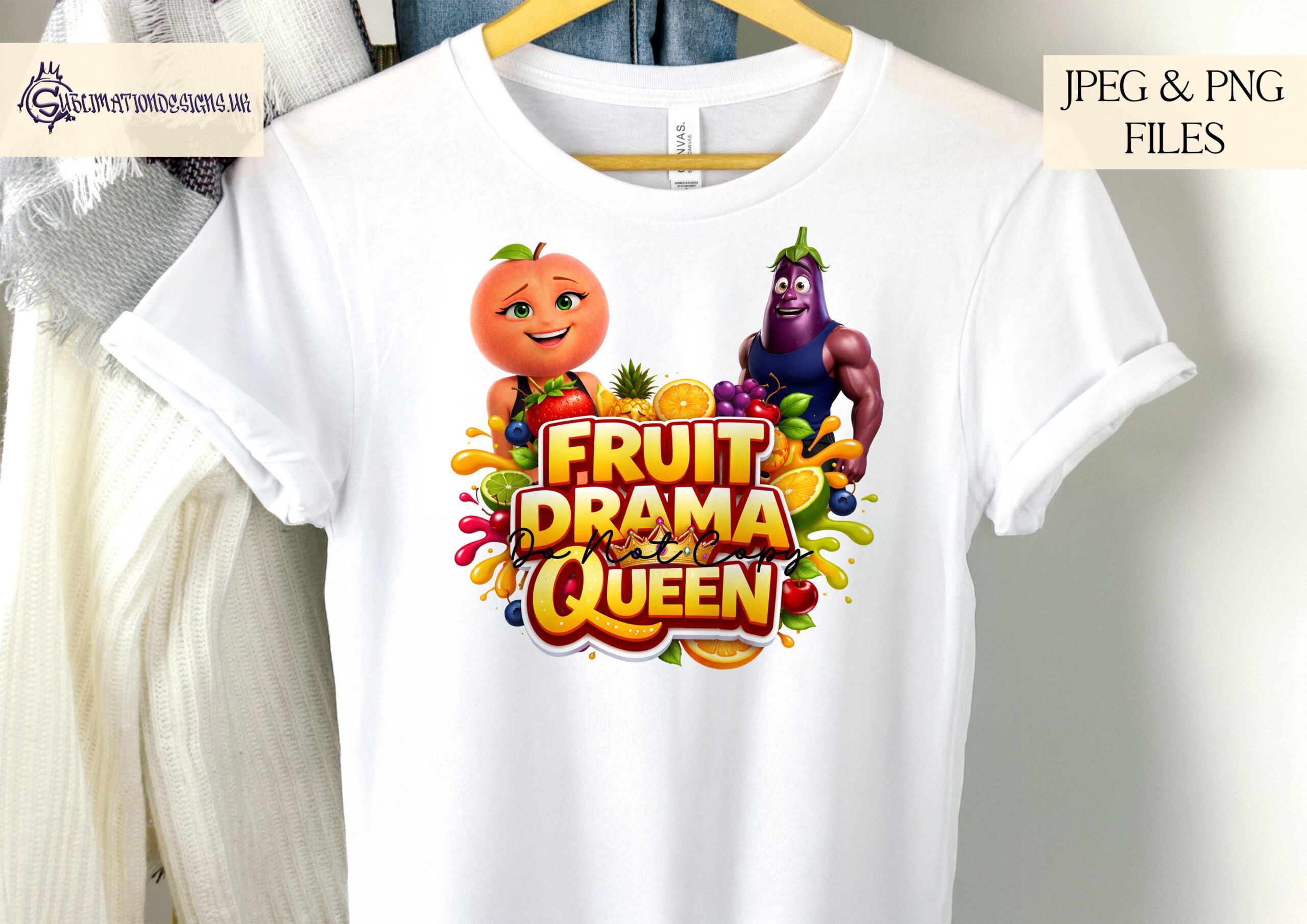 Fruit Drama Comedy Designs Set preview showing fruit character designs with wording files and mug wraps including Addicted To Fruit Drama, supplied in JPEG and PNG