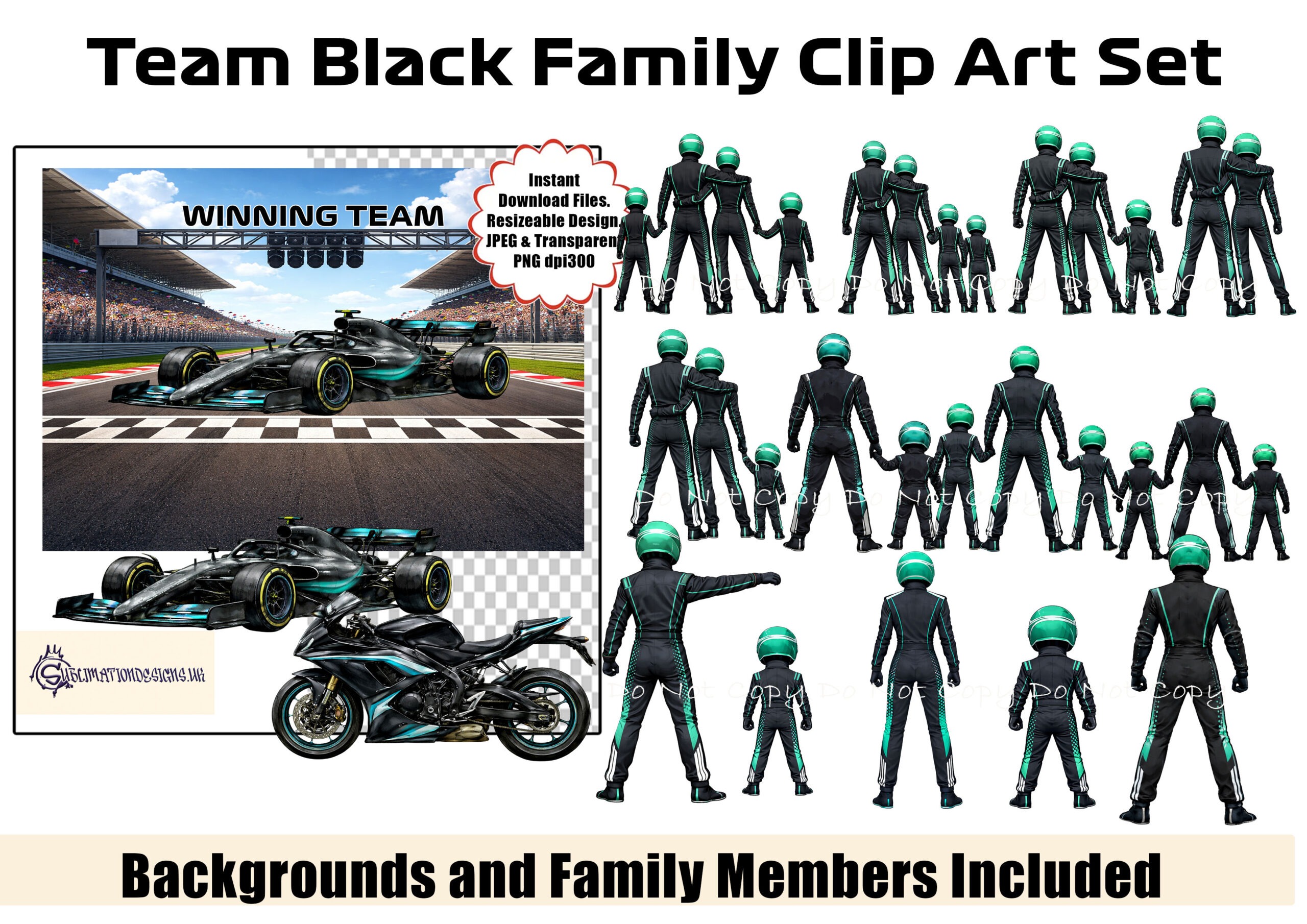 Team Black Racing Family Clip Art Set preview showing a finish line background with an F1 style car and family clip art members in black uniforms with green trim for building custom racing family designs