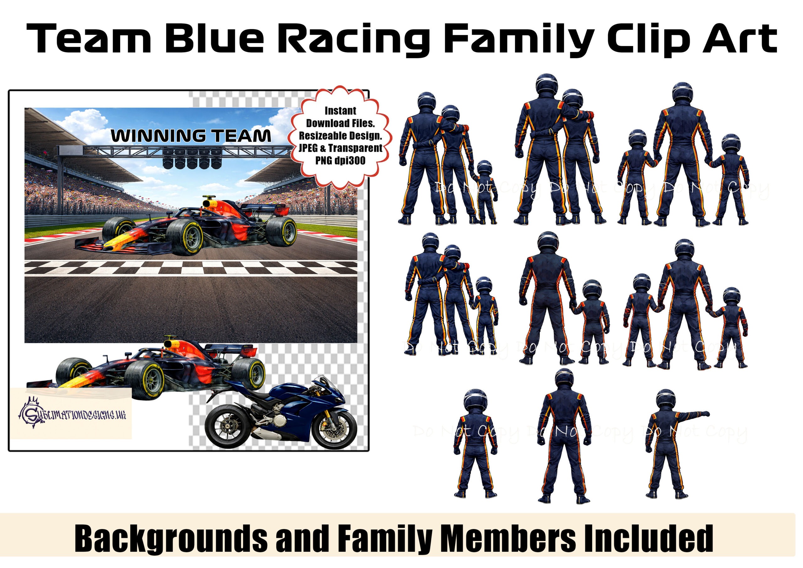 Team Blue Racing Family Clip Art Set preview showing a finish line background with a Red Bull inspired car and family clip art members in navy blue race uniforms for building custom racing family designs