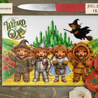 The Wizard Of Ox Comedy Cows Design Bundle preview showing comedy Highland cow characters in fancy dress costumes with mug wraps, A4 landscape designs, and background elements