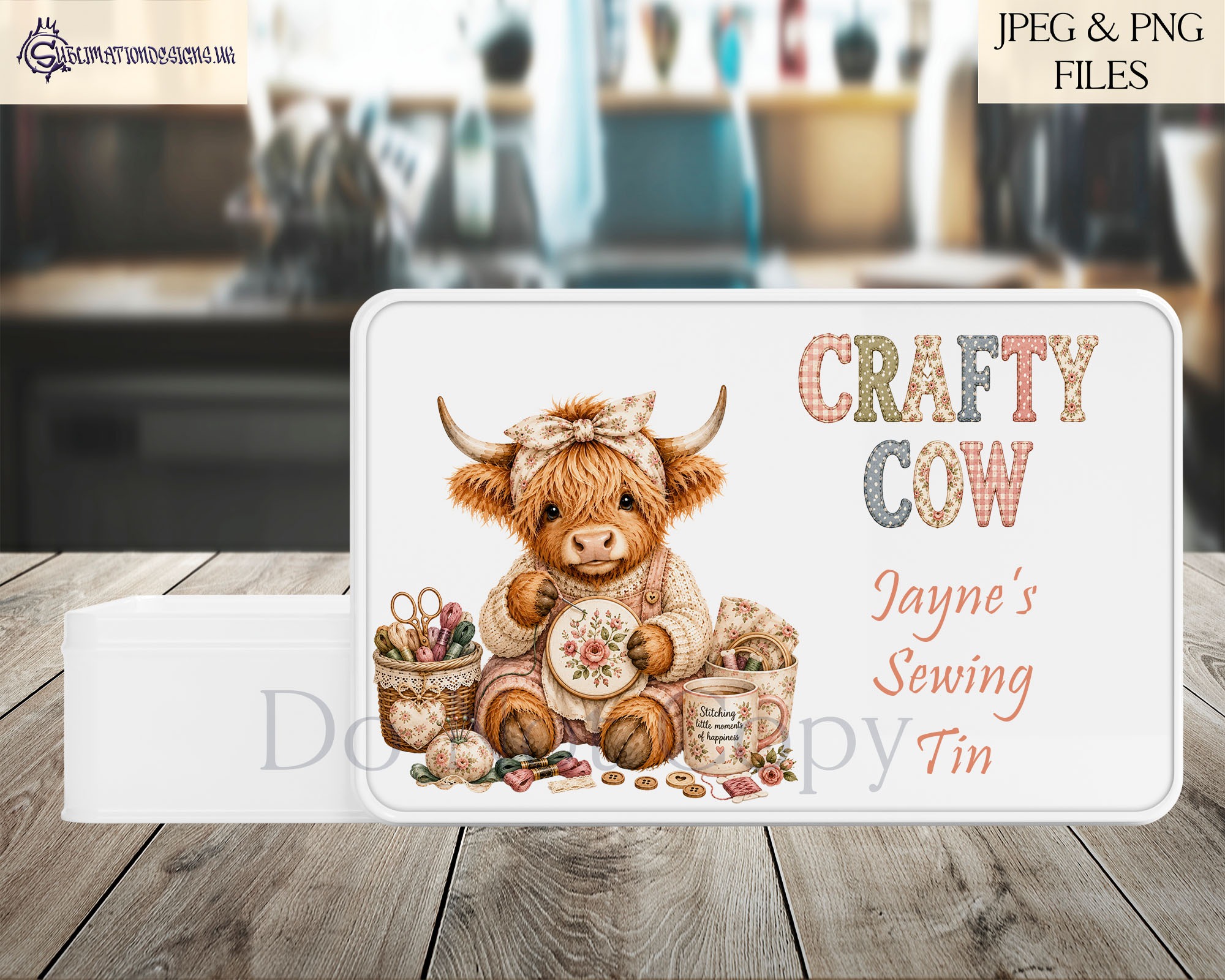 Crafty highland cow designs with sewing knitting crochet quilting and fabric themes for mugs cushions totes and craft products