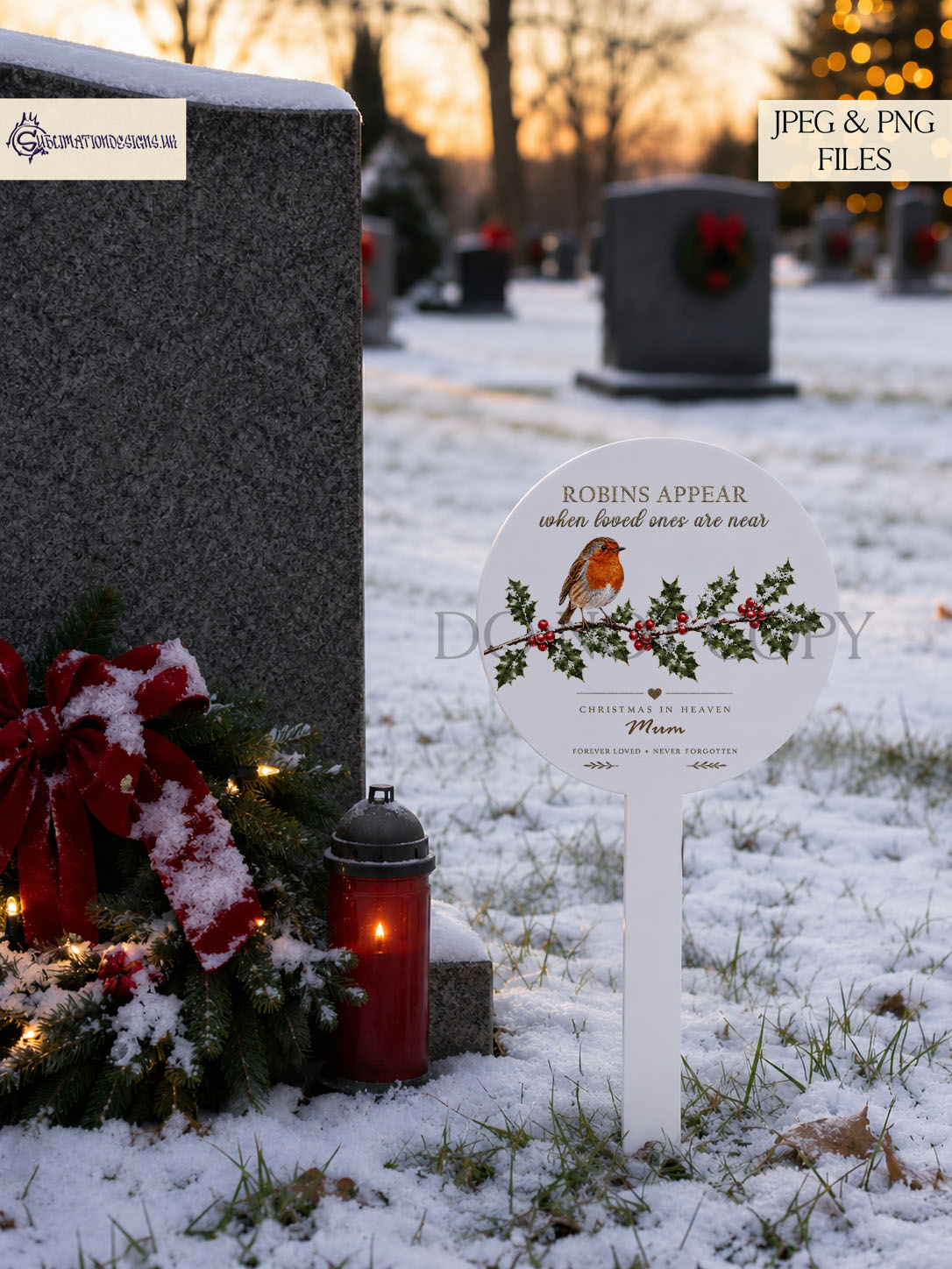 Robin on holly branch memorial designs in square and circular templates for Christmas keepsakes and remembrance products