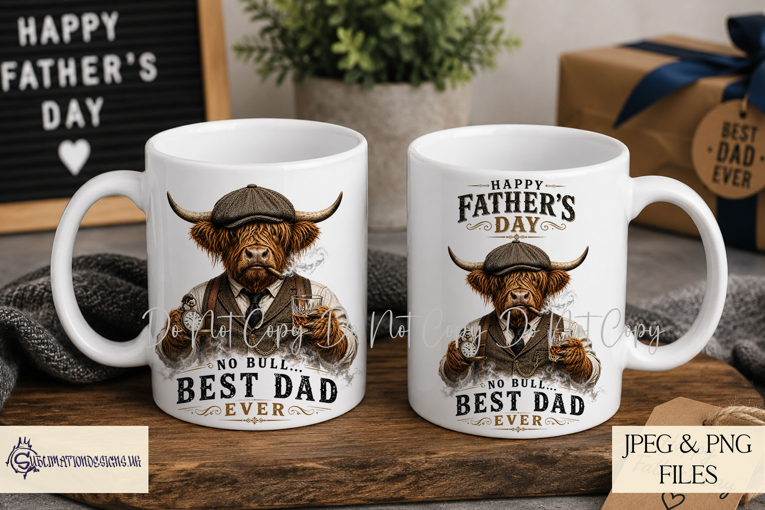 Gangster highland cow designs with humorous wording suitable for mugs cards cushions and gifts