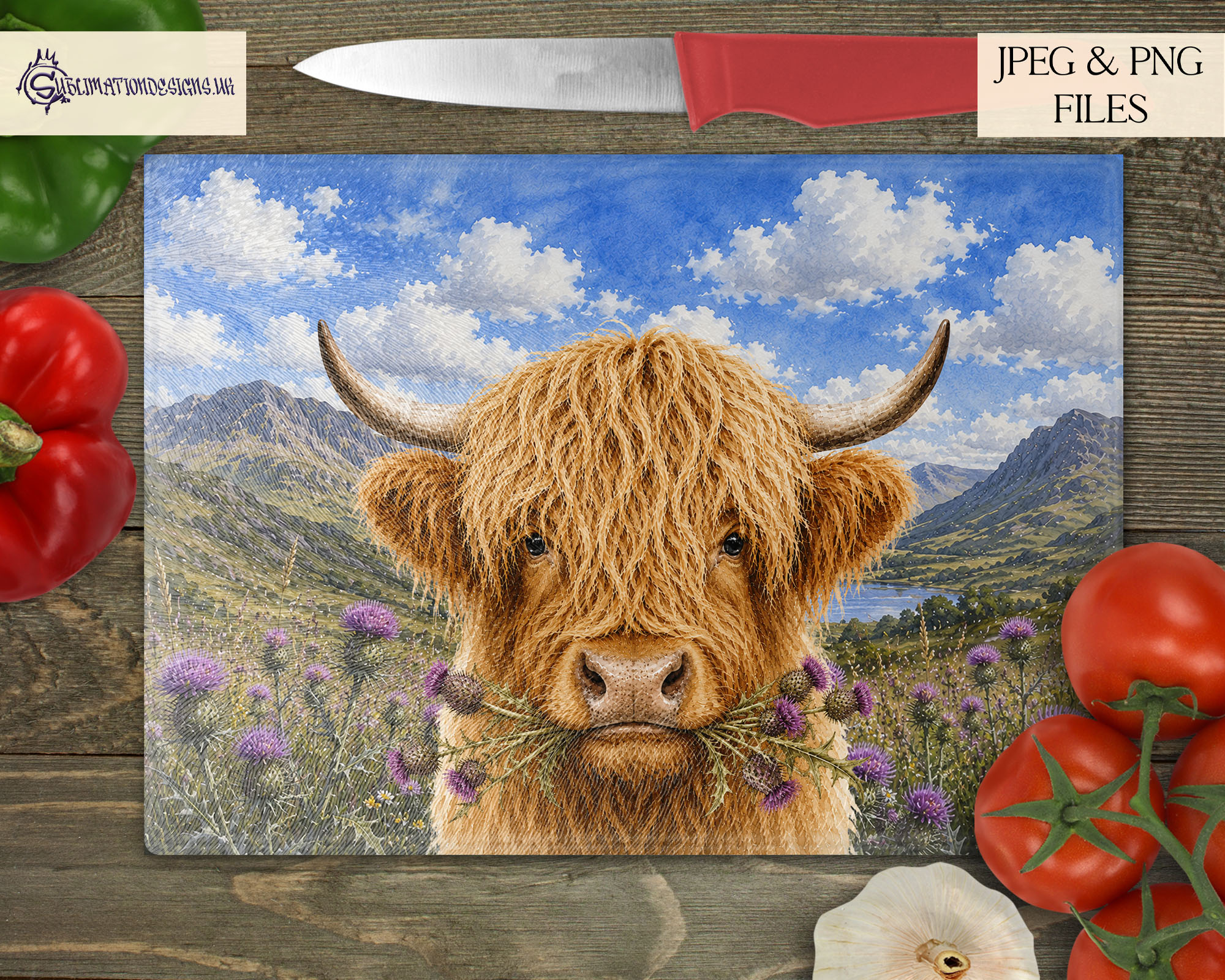 Highland cow chewing flowers designs with heather thistle wildflower and daisy variations in square and A4 formats for sublimation products
