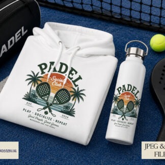 Retro padel designs in orange green blue and pink colour themes suitable for t shirts hoodies and gym bags