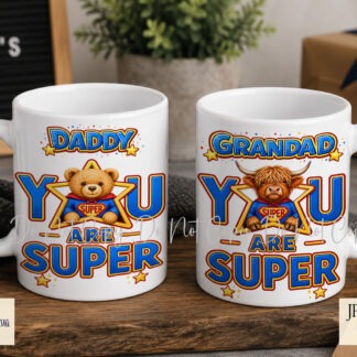 Super cow and teddy superhero designs with You Are Super wording and multiple dad title options for personalised gifts
