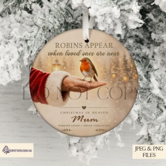 Santa holding robin memorial designs in square and circular templates for Christmas baubles and remembrance keepsakes