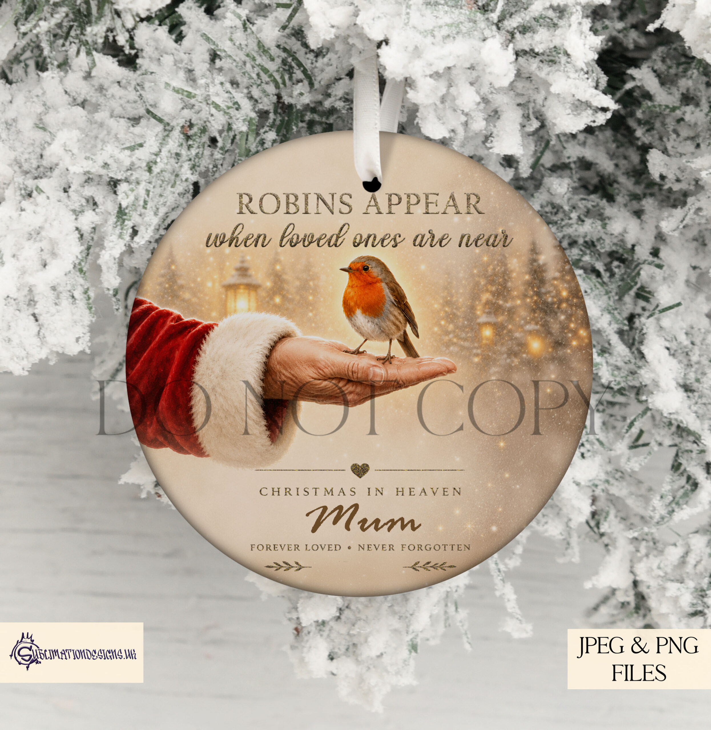 Santa holding robin memorial designs in square and circular templates for Christmas baubles and remembrance keepsakes