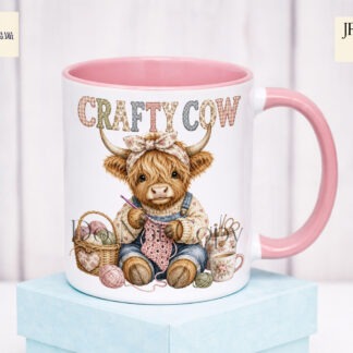 Crafty highland cow designs with sewing knitting crochet quilting and fabric themes for mugs cushions totes and craft products