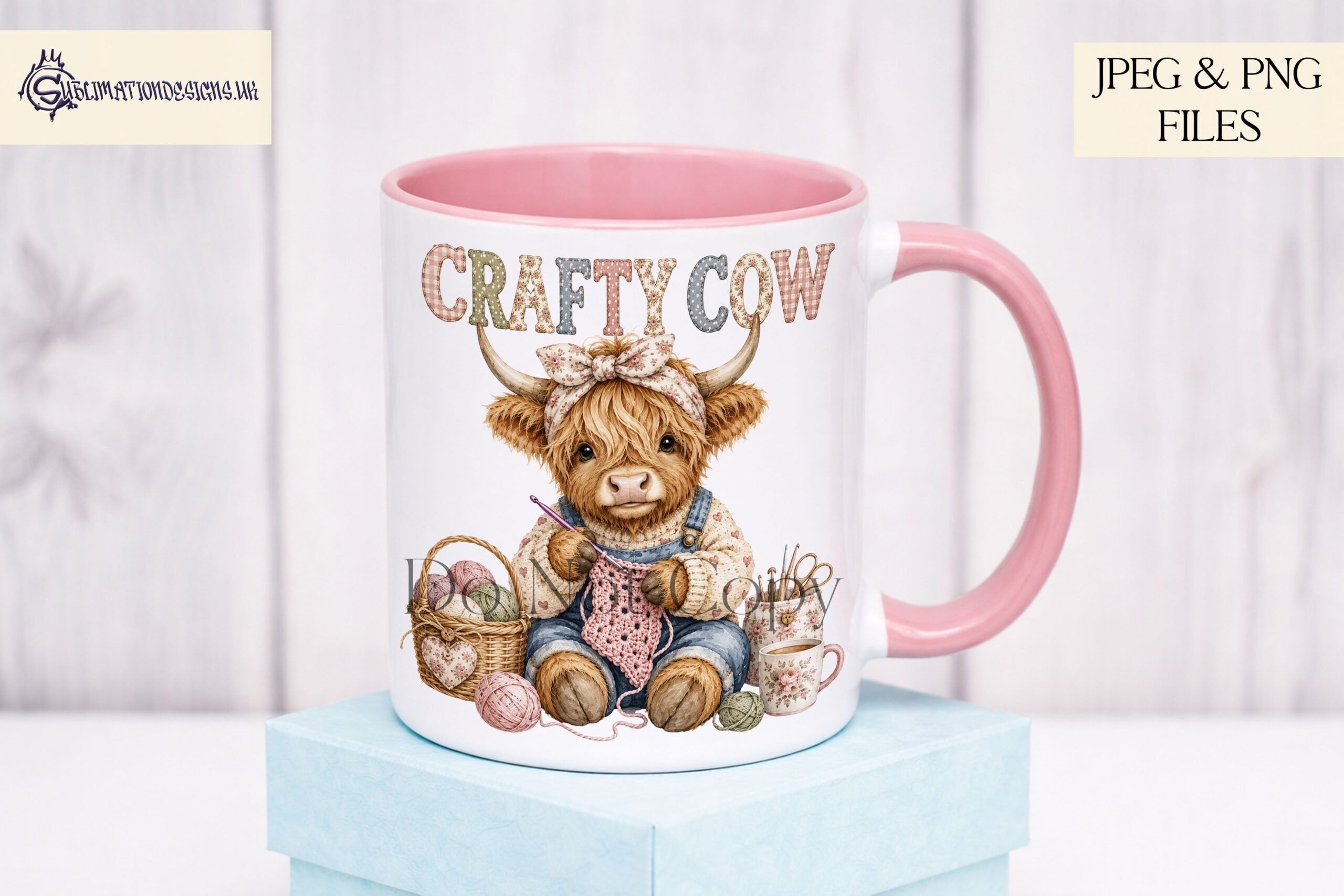 Crafty highland cow designs with sewing knitting crochet quilting and fabric themes for mugs cushions totes and craft products