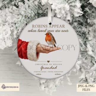 Santa holding robin memorial designs on white background in square and circular templates for Christmas baubles and remembrance keepsakes
