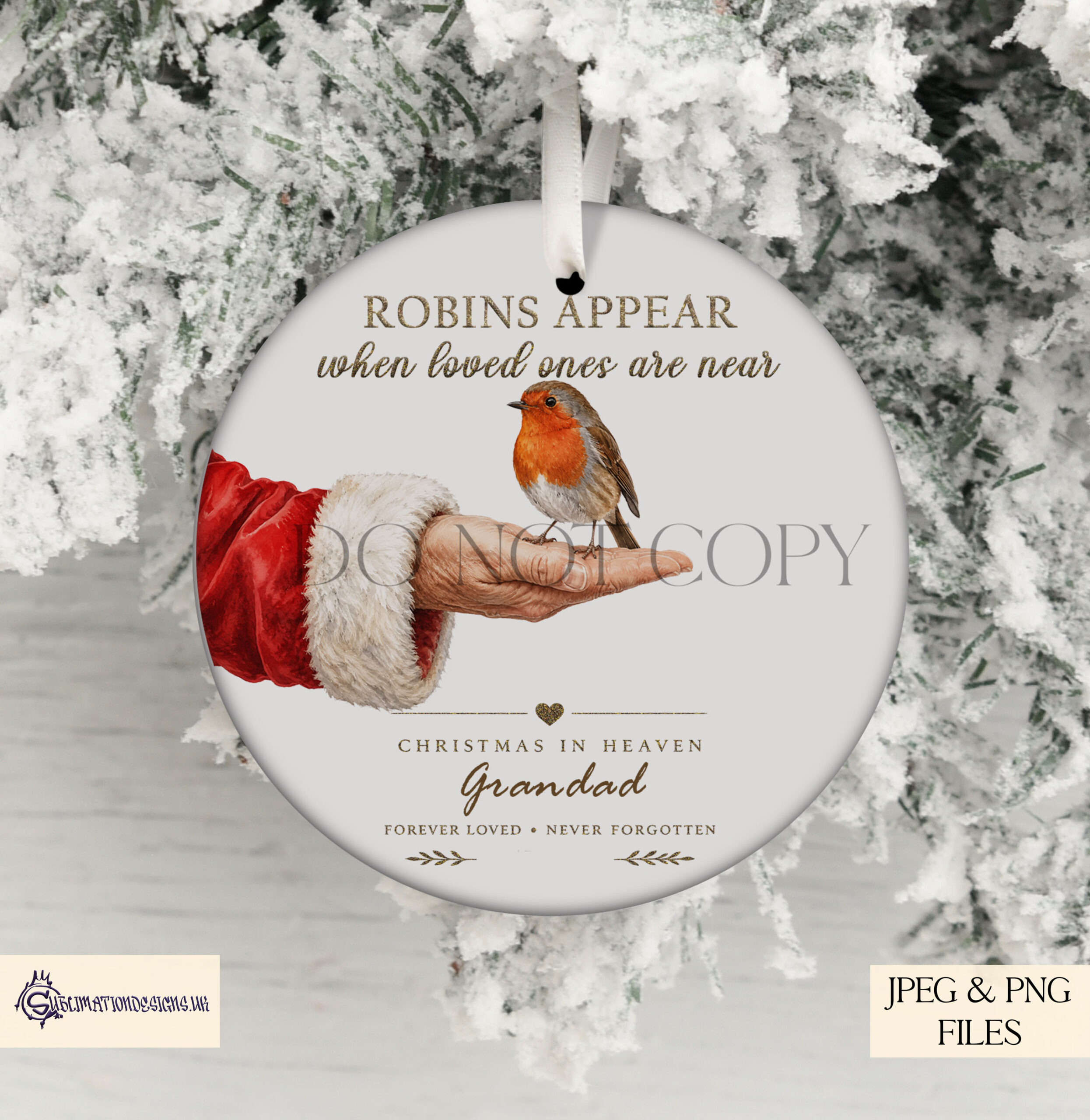 Santa holding robin memorial designs on white background in square and circular templates for Christmas baubles and remembrance keepsakes
