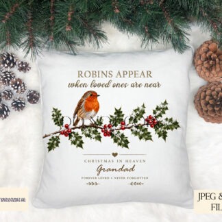 Robin on holly branch memorial designs in square and circular templates for Christmas keepsakes and remembrance products