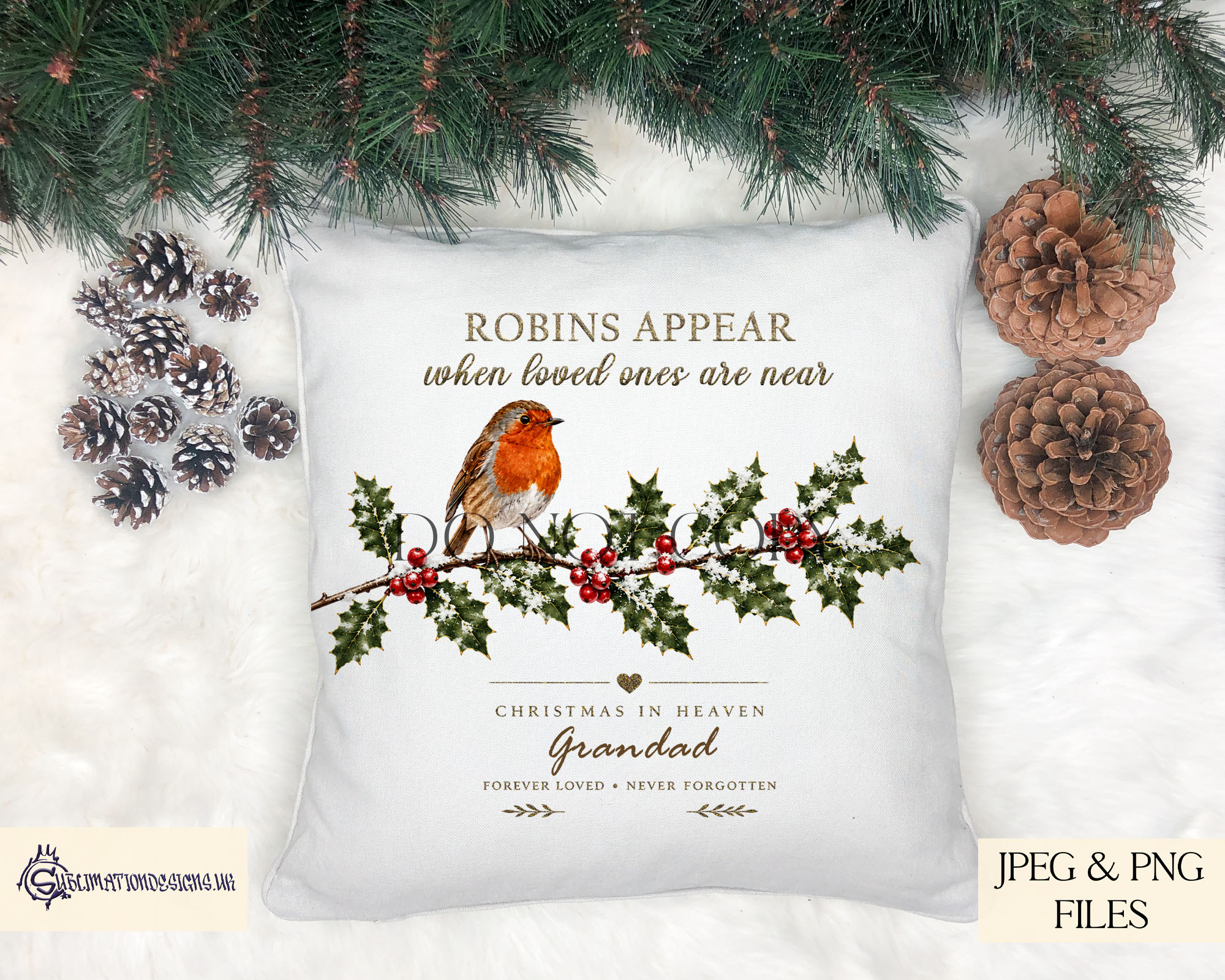 Robin on holly branch memorial designs in square and circular templates for Christmas keepsakes and remembrance products