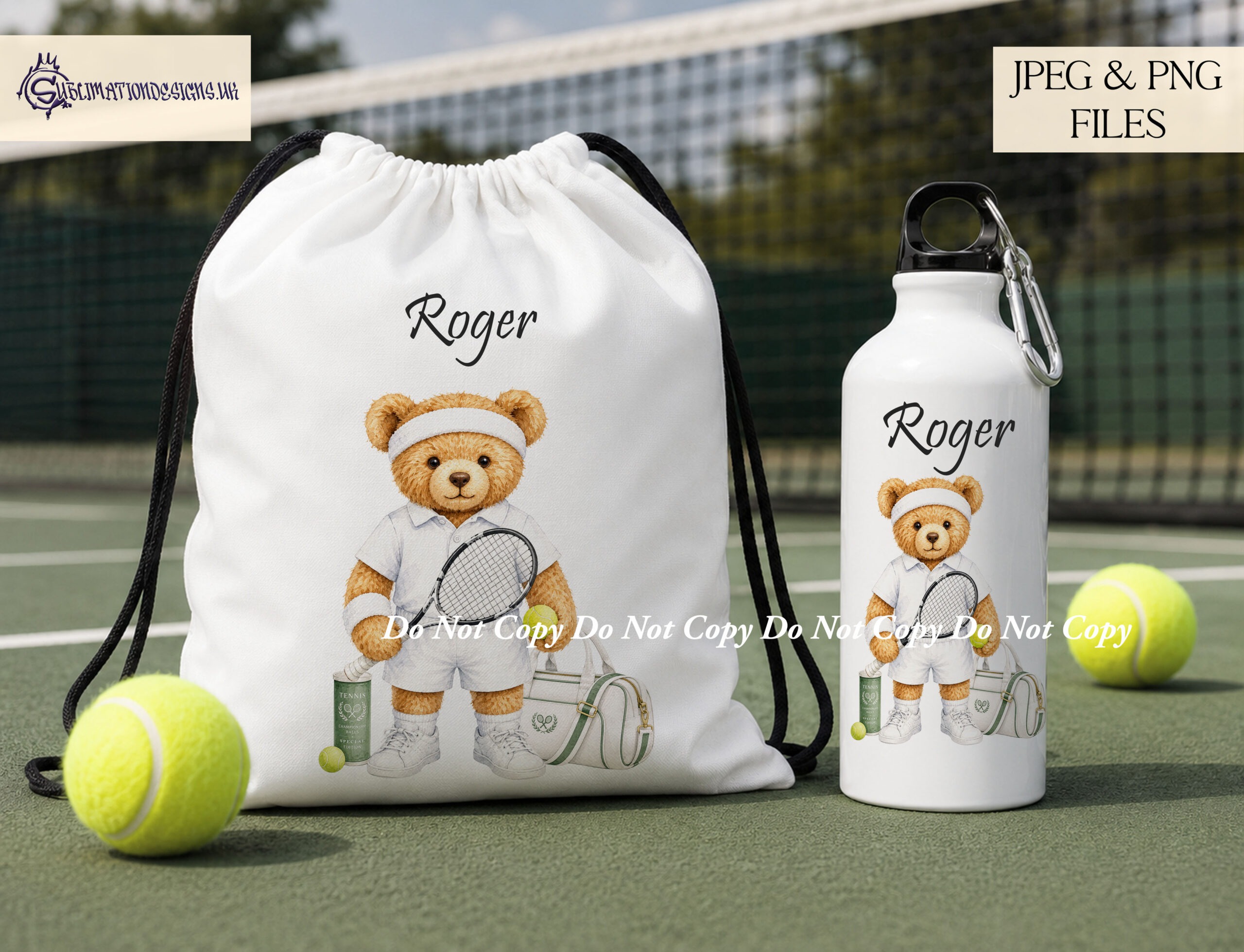 Teddy bear tennis player designs with court and transparent backgrounds for sports bags mugs and gifts