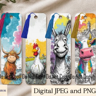 Farmyard animal sketch bookmark designs including cows horses chickens and dogs sized for bookmark blanks