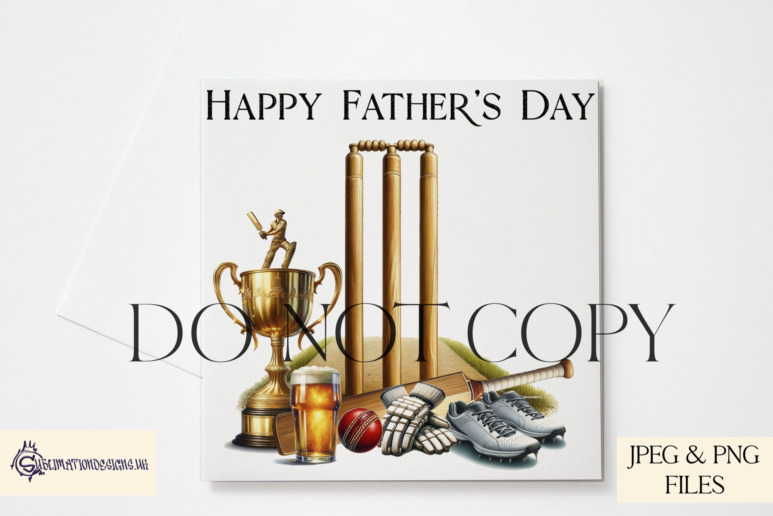Cricket player designs with bat gloves ball shoes and trophy elements suitable for Father’s Day gifts and personalised products