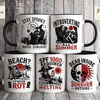 Gothic summer vibe designs with skeleton humour including SPF1000 joke and introvert summer quotes for t shirts mugs and accessories