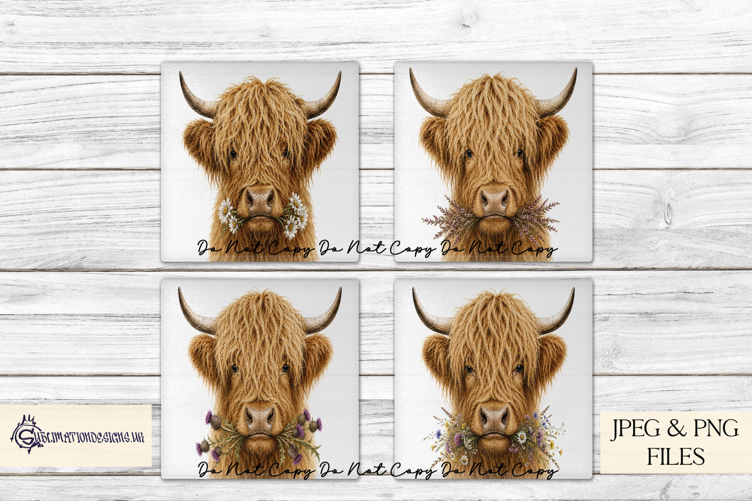 Highland cow chewing flowers designs with heather thistle wildflower and daisy variations in square and A4 formats for sublimation products