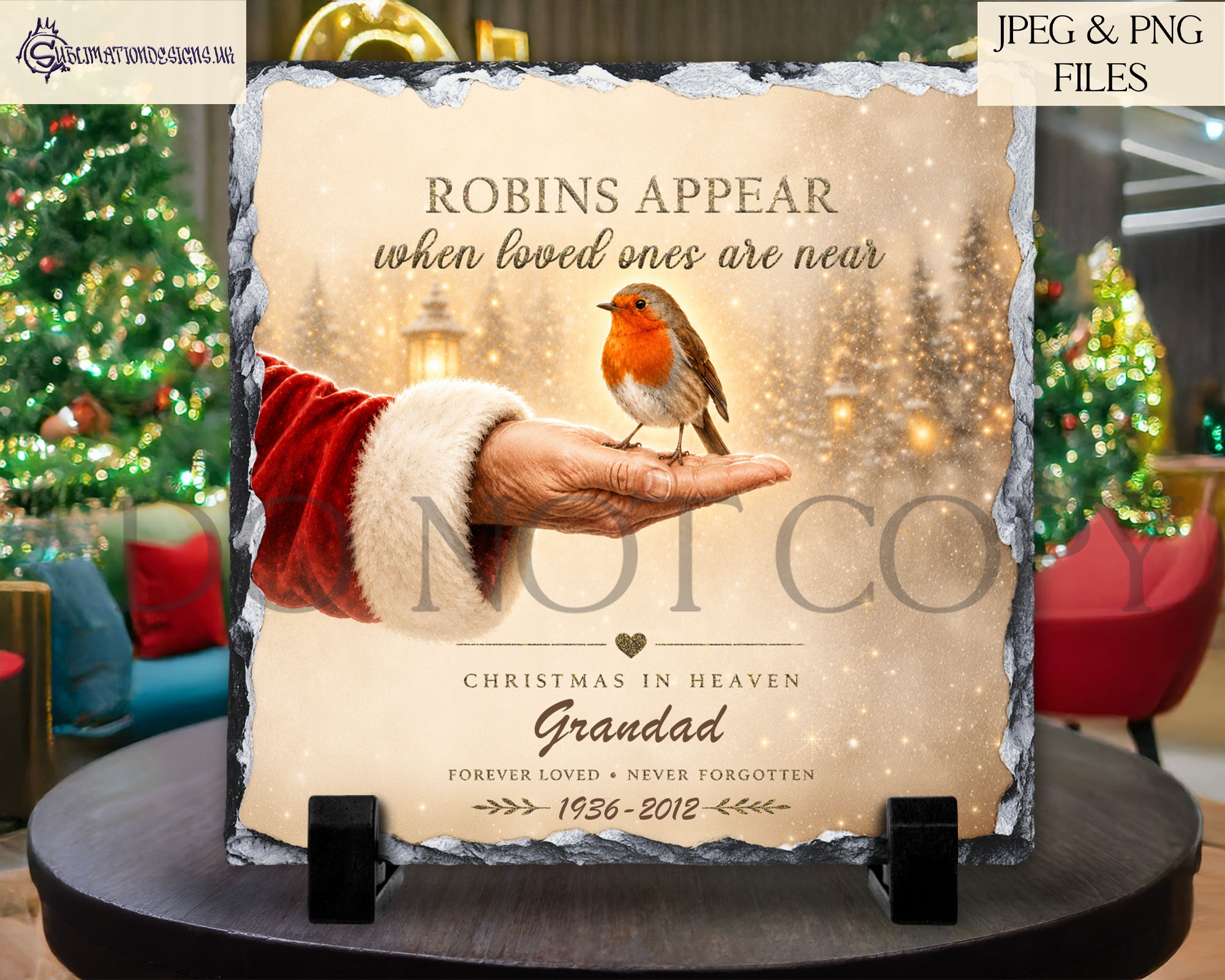Santa holding robin memorial designs in square and circular templates for Christmas baubles and remembrance keepsakes