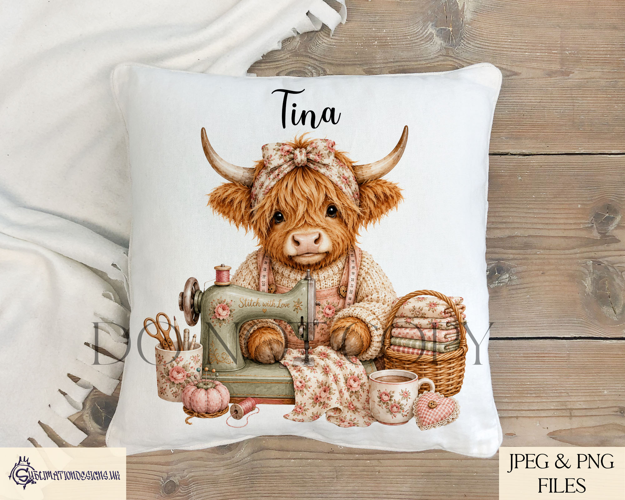 Crafty highland cow designs with sewing knitting crochet quilting and fabric themes for mugs cushions totes and craft products