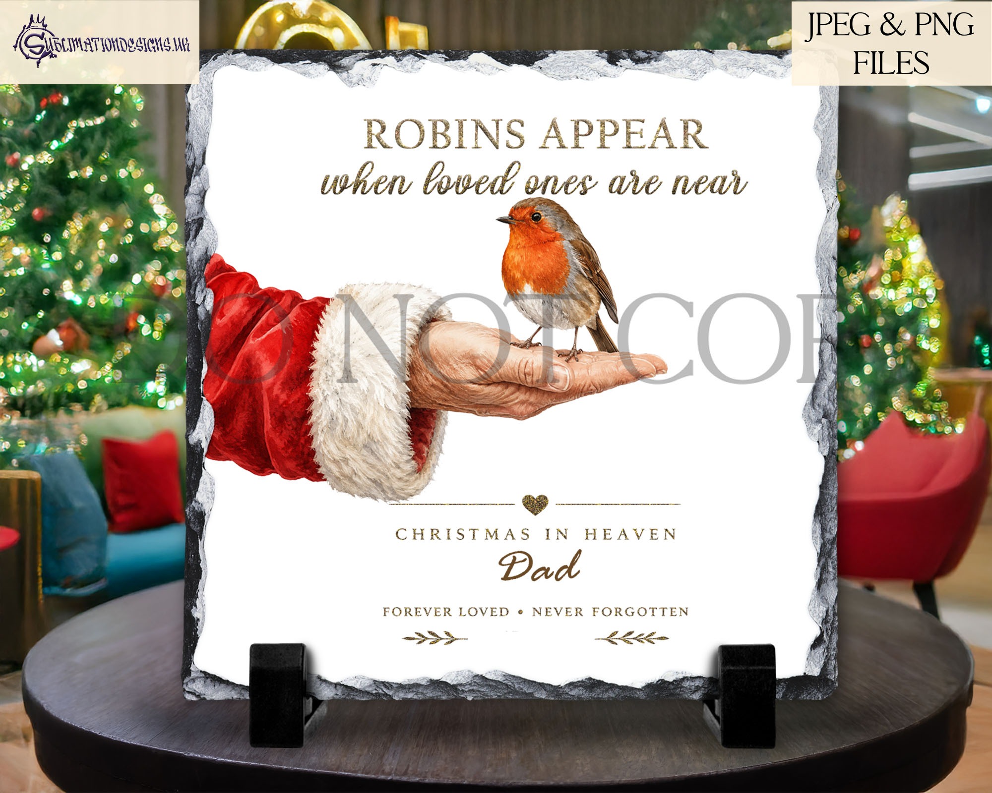 Santa holding robin memorial designs on white background in square and circular templates for Christmas baubles and remembrance keepsakes
