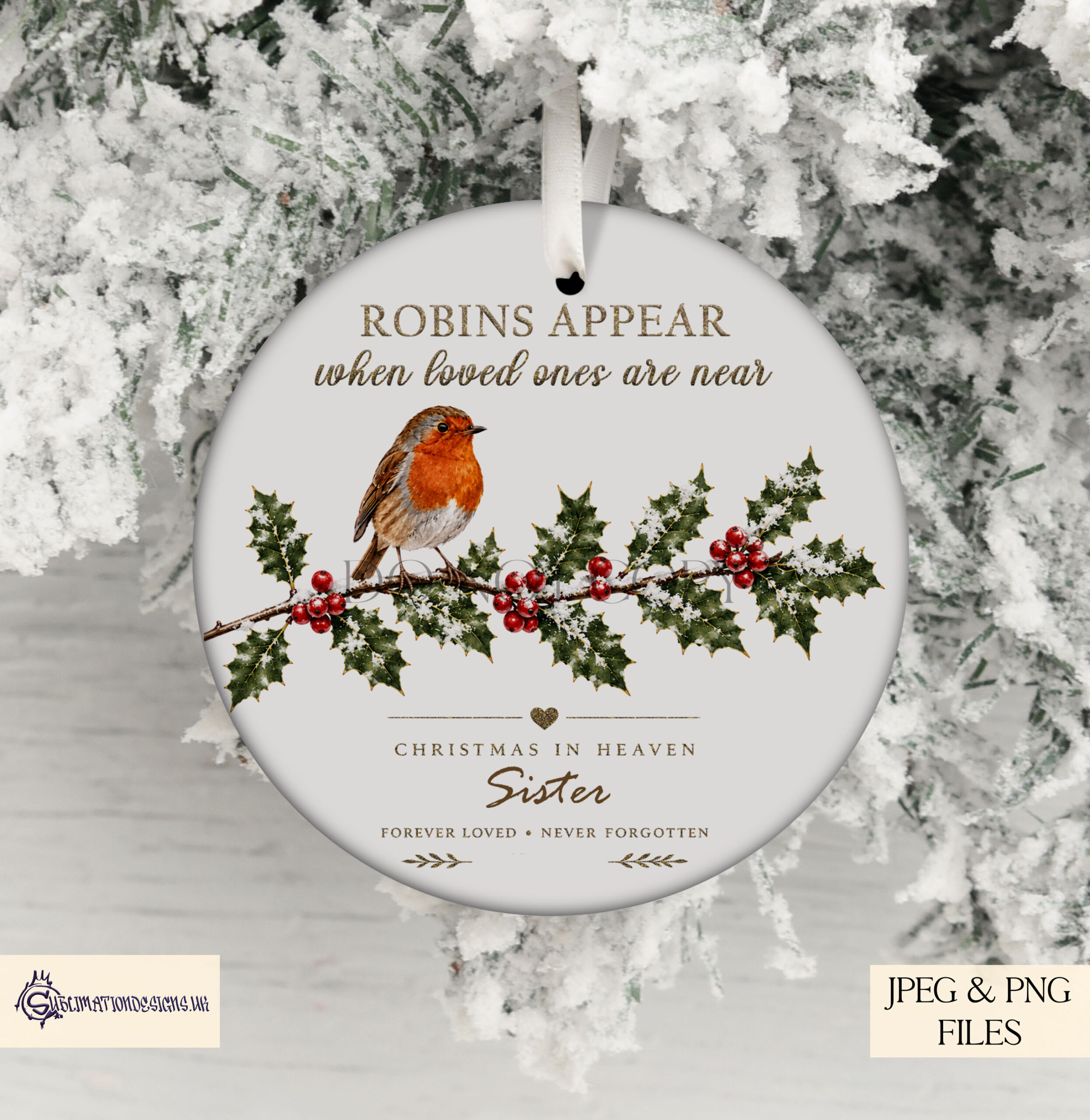Robin on holly branch memorial designs in square and circular templates for Christmas keepsakes and remembrance products