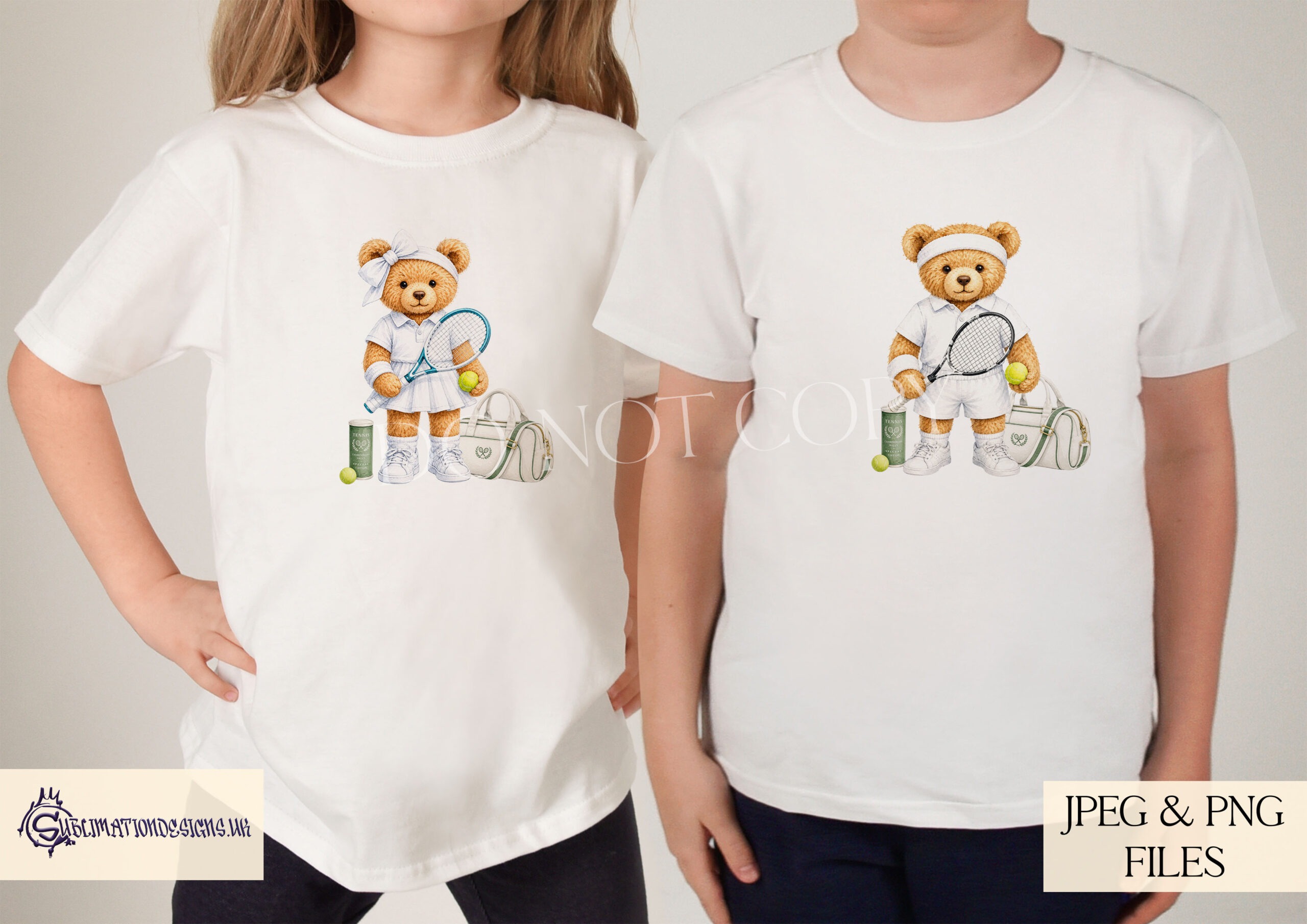 Teddy bear tennis player designs with court and transparent backgrounds for sports bags mugs and gifts