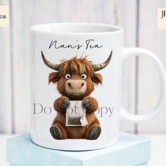 Highland cow kitchen label designs with cows holding tea bags sugar cubes coffee cups and blank signs for jar labels and kitchen storage
