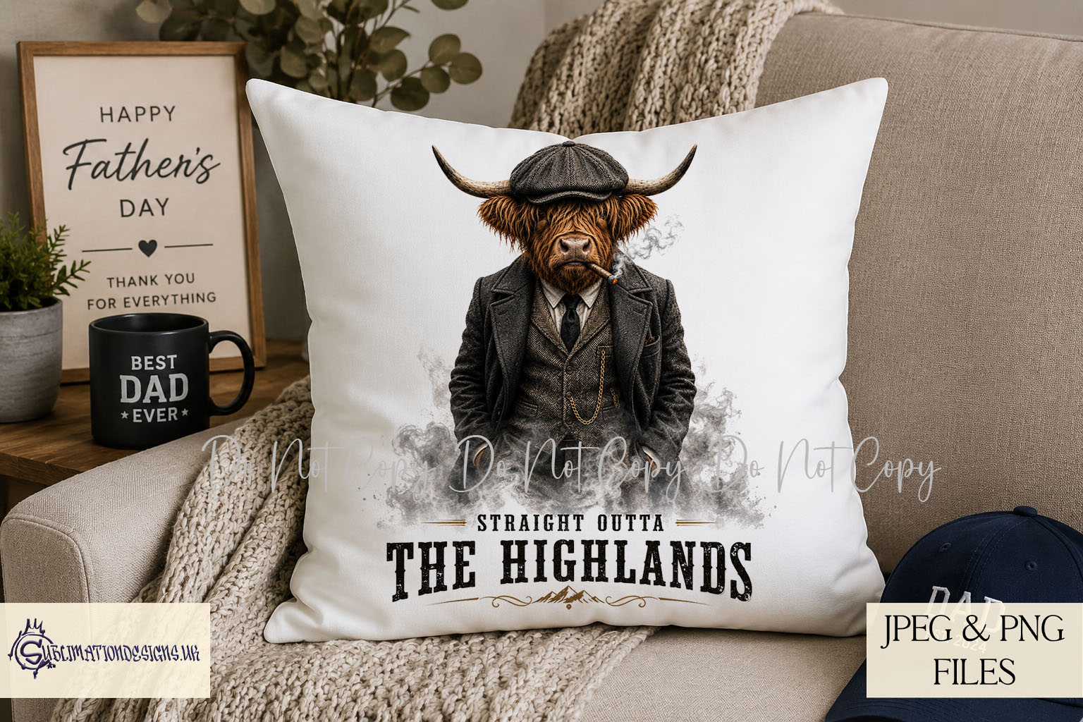 Gangster highland cow designs with humorous wording suitable for mugs cards cushions and gifts