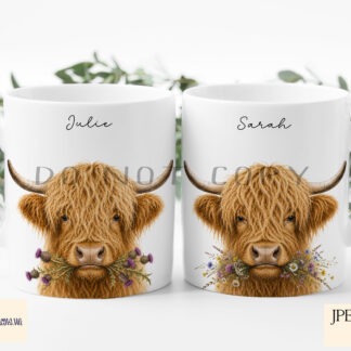 Highland cow chewing flowers designs with heather thistle wildflower and daisy variations in square and A4 formats for sublimation products