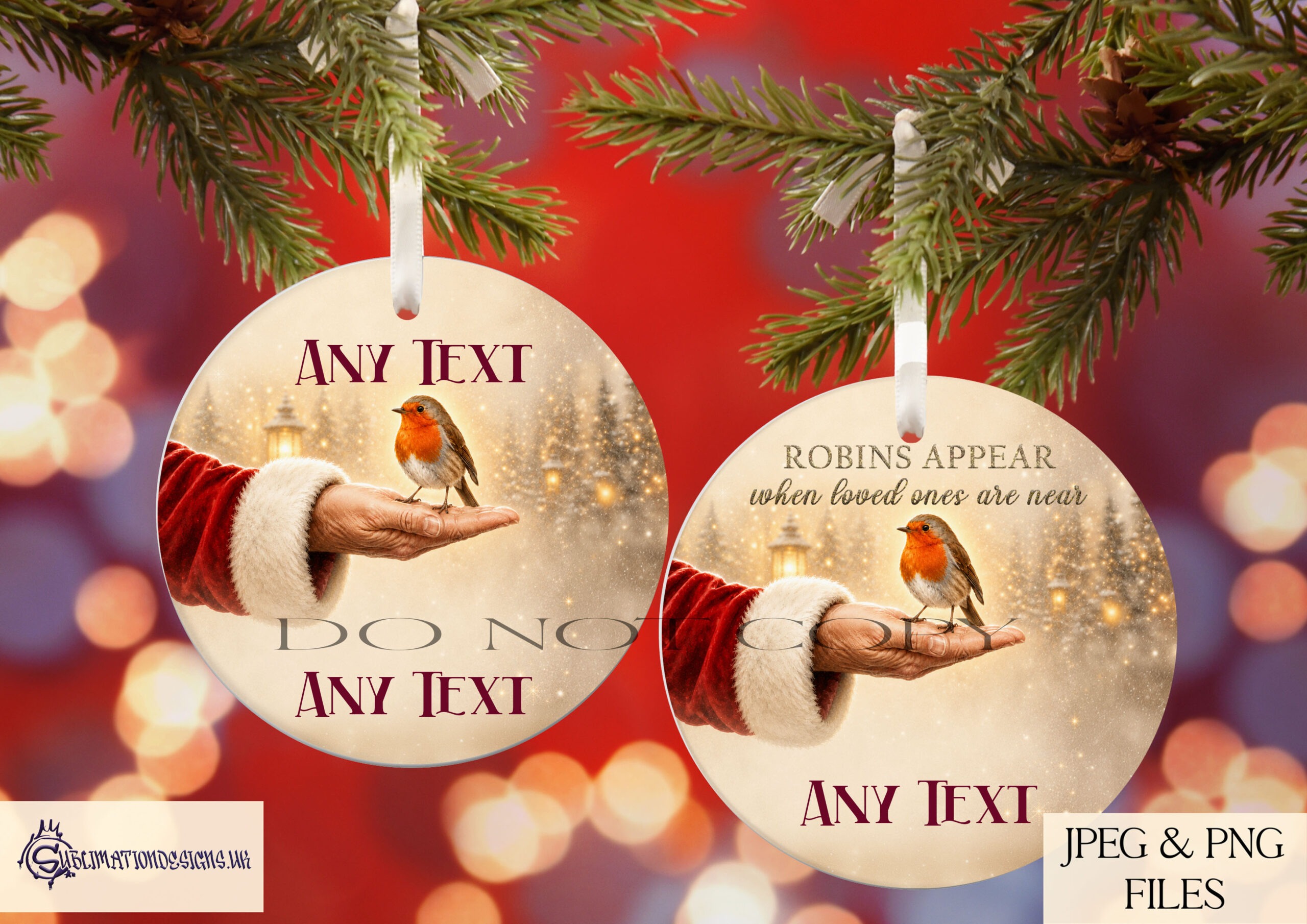 Santa holding robin memorial designs in square and circular templates for Christmas baubles and remembrance keepsakes