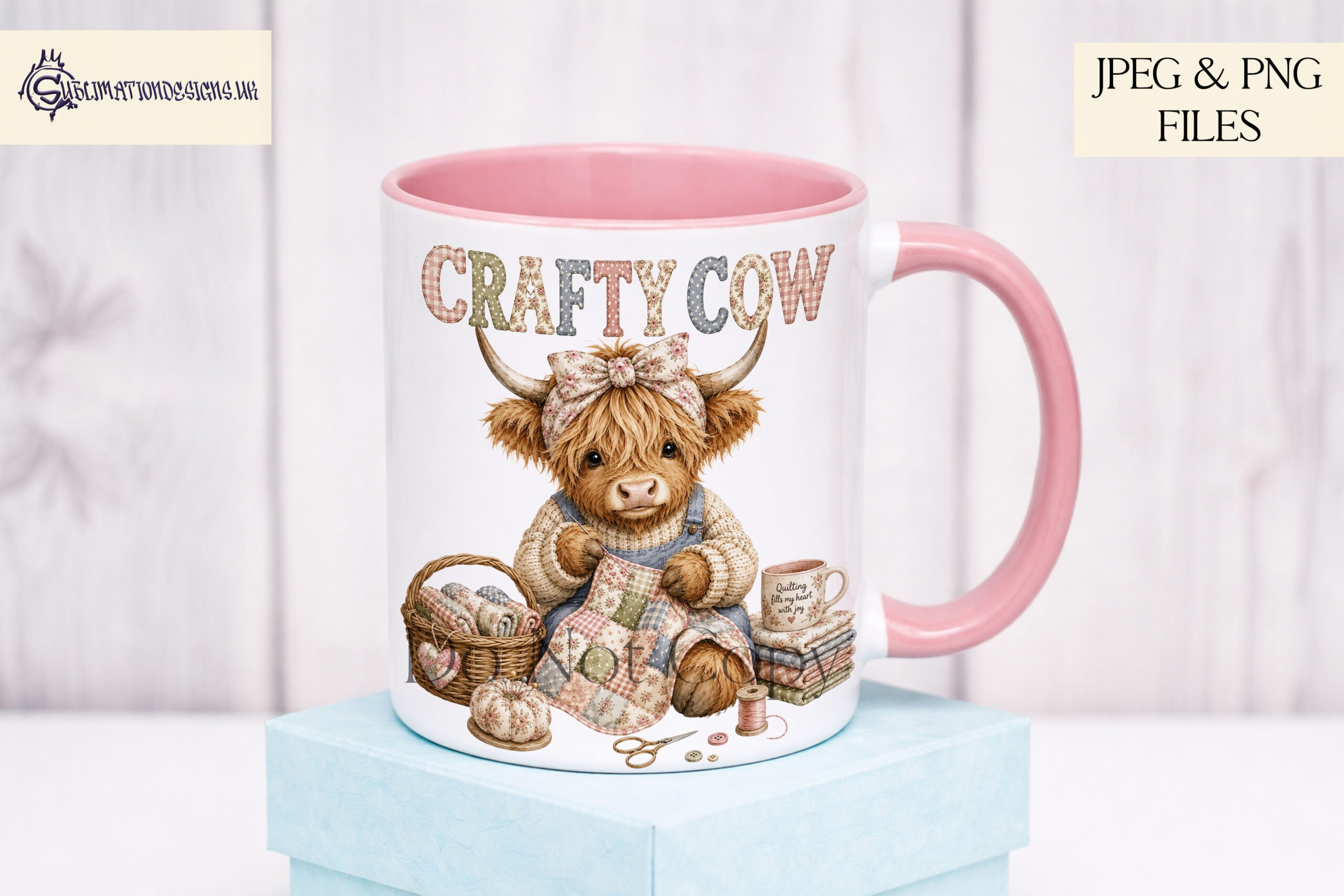 Crafty highland cow designs with sewing knitting crochet quilting and fabric themes for mugs cushions totes and craft products