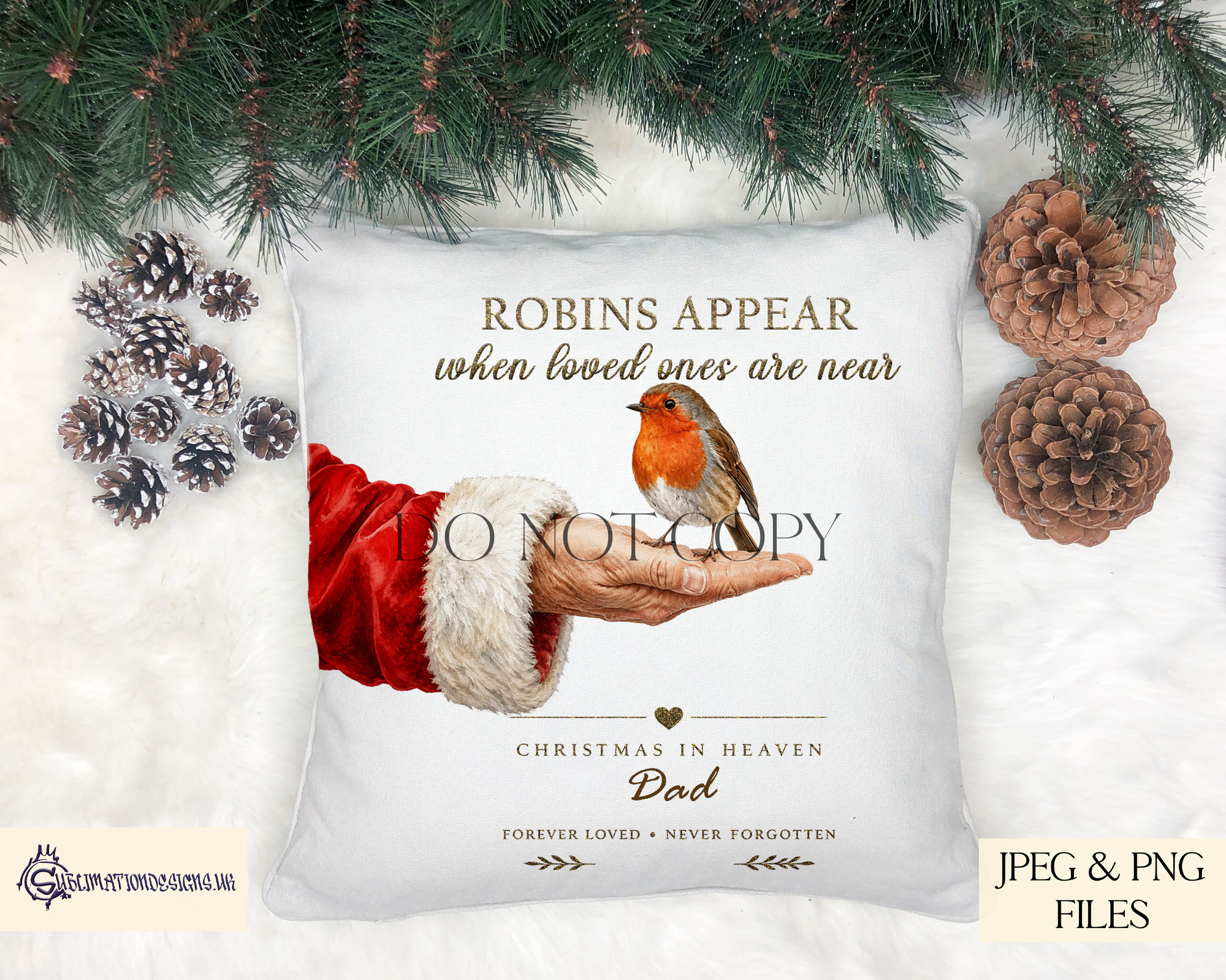 Santa holding robin memorial designs on white background in square and circular templates for Christmas baubles and remembrance keepsakes