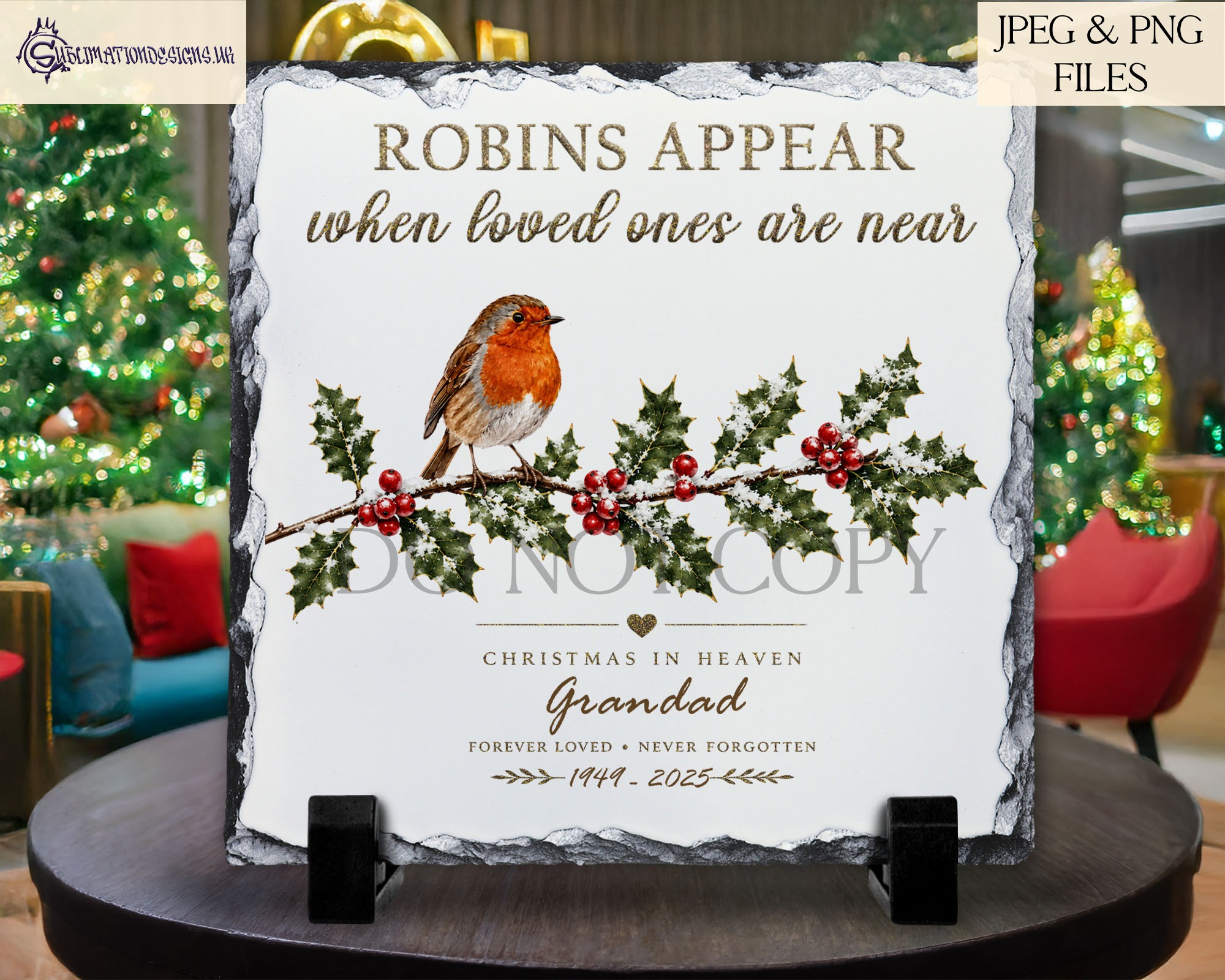 Robin on holly branch memorial designs in square and circular templates for Christmas keepsakes and remembrance products