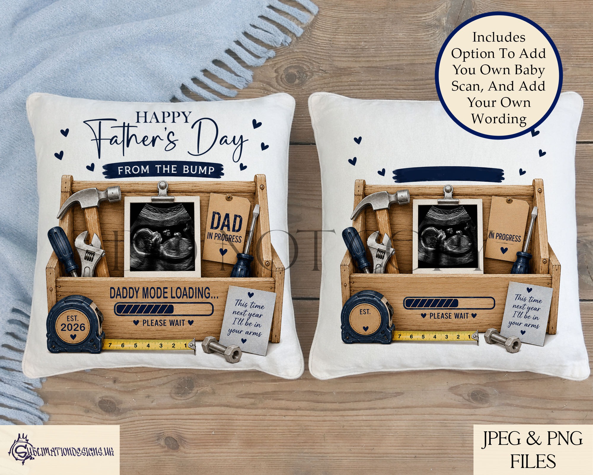 Baby scan toolbox designs with polaroid frame for pregnancy announcements and personalised gifts