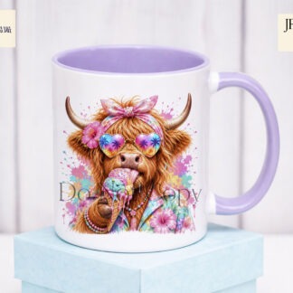 Highland cow summer designs with ice cream and vibrant paint splash and pastel backgrounds for t shirts mugs and tote bags